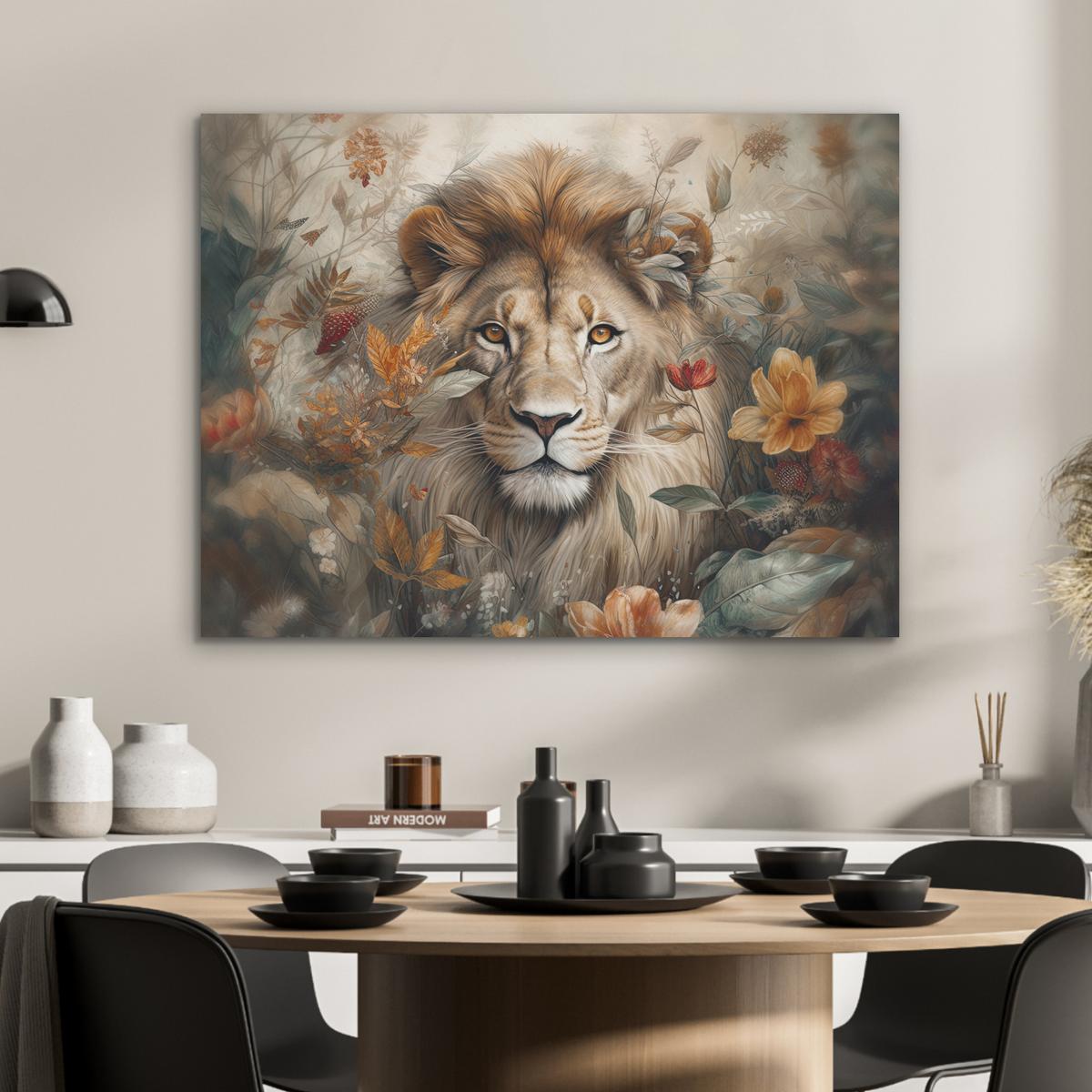 AKUSTIKBILD Löwe - Wildtiere - Pflanzen - Natur - Blumen Gemälde 80x60 cm - Beige, Kunststoff (80/60/0.9cm) - MuchoWow