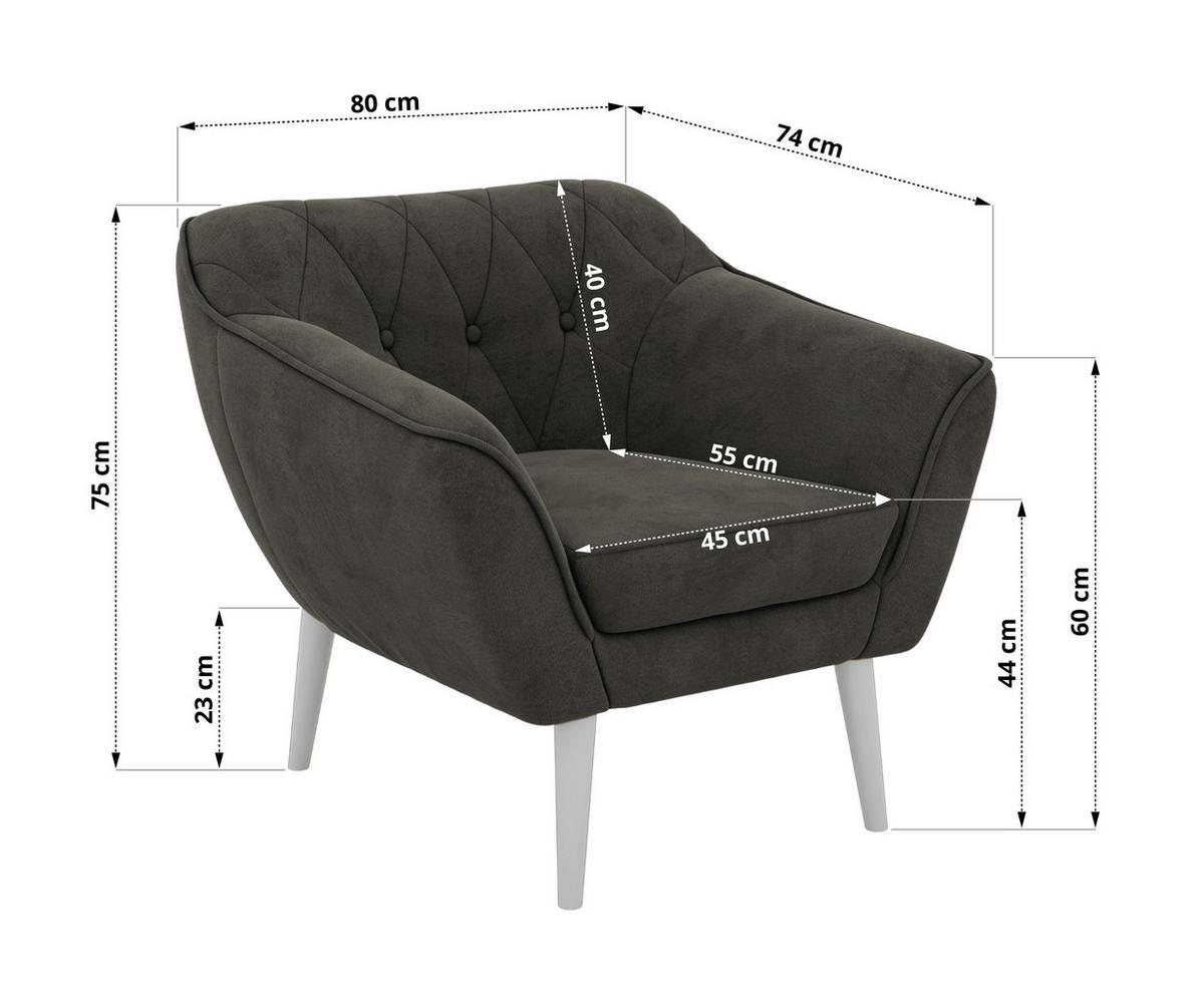 SESSEL PIRS - Dunkelgrau Velvet - Weiße Beine - Dunkelgrau/Weiß, Holzwerkstoff/Textil (80/75/74cm) - MKS