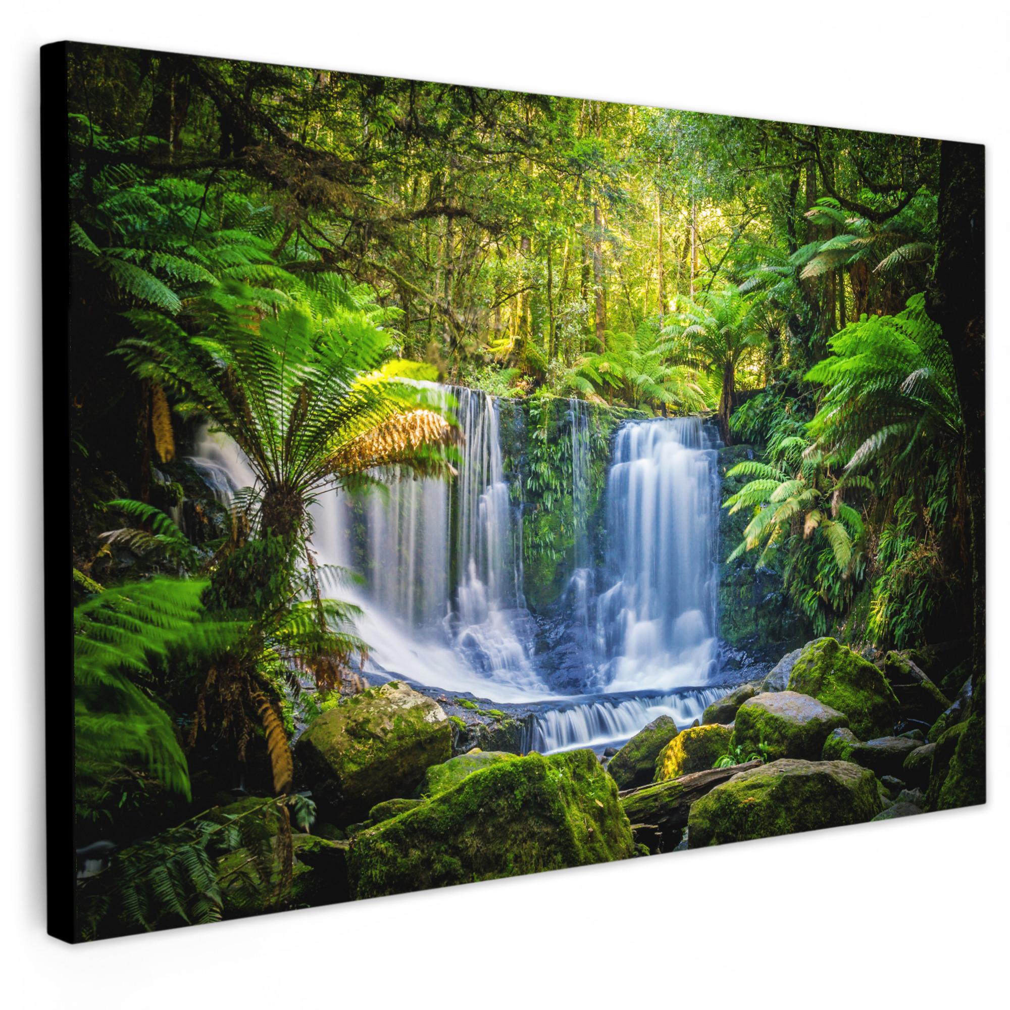 LEINWANDBILD Dschungel - Wasserfall - Australien - Pflanzen - Natur Deko Schlafzimmer 30x20 cm - Dunkelgrün, Textil (30/20cm) - MuchoWow