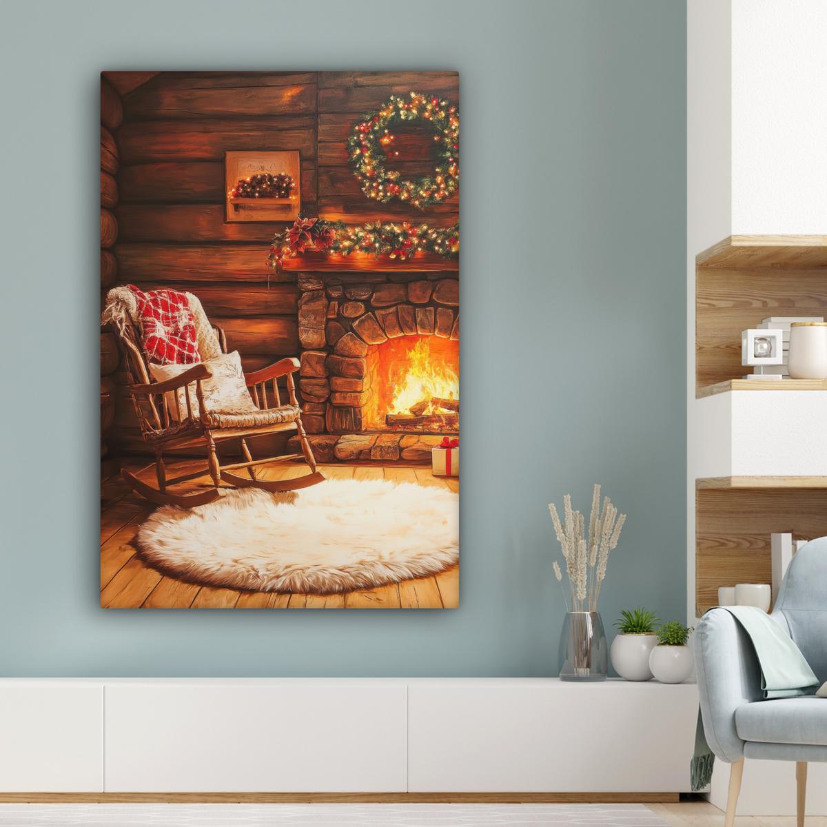 LEINWANDBILD Winter - Weihnachten - Zuhause - Kamin Deko XXL 80x120 cm - Bernsteinfarben, Textil (80/120cm) - MuchoWow