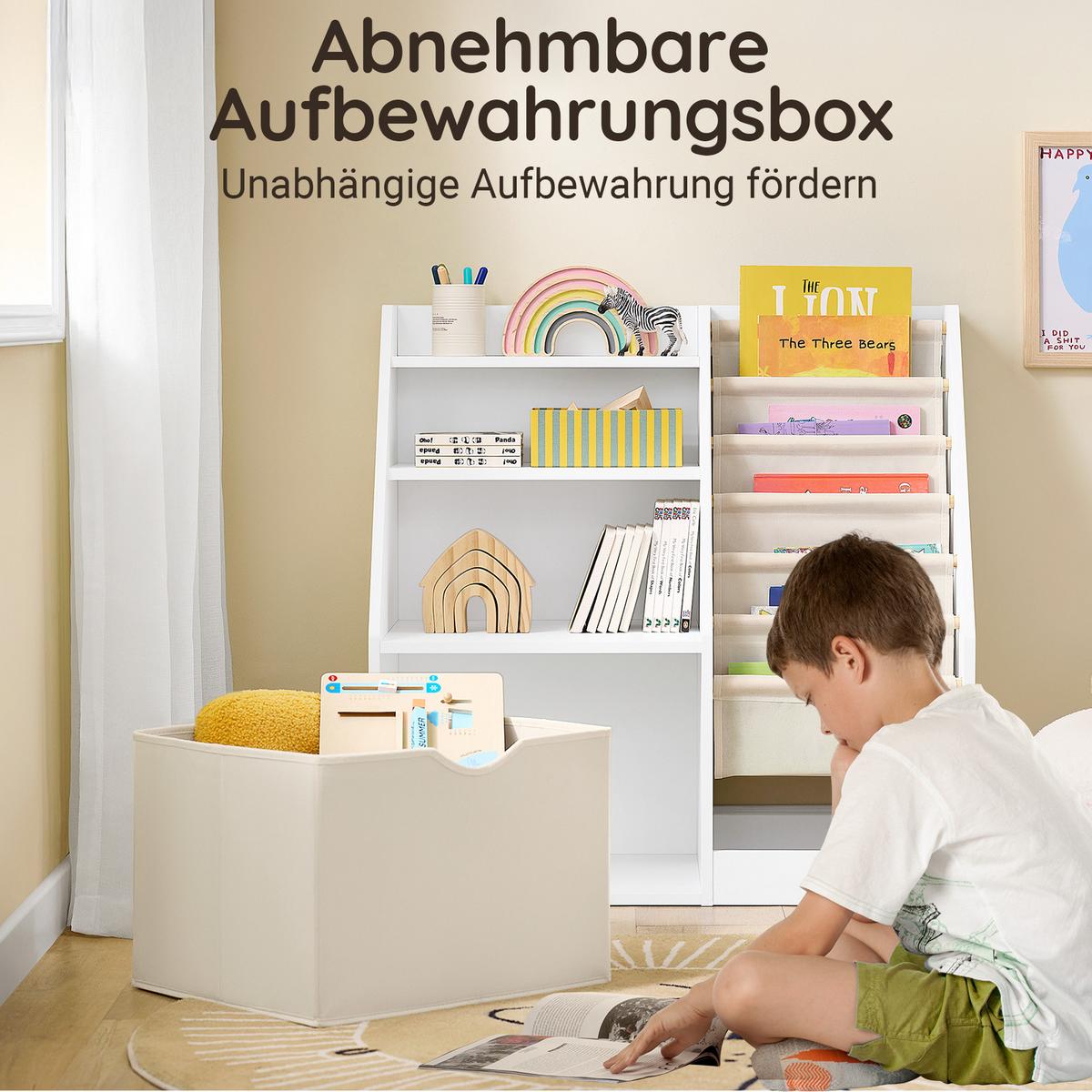 KINDER-BÜCHERREGAL mit Stofftaschen, 80x80x40cm Weiß - Weiß, Holzwerkstoff (80/80/40cm) - SoBuy