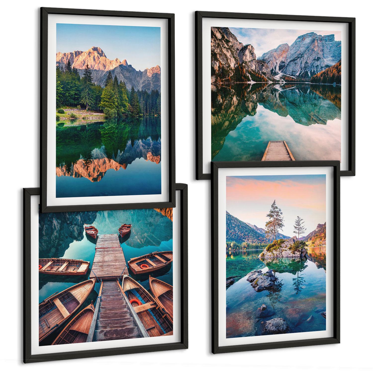 BILDER SET 4er Set - 50x50 cm & 40x60 cm Schwarzer Rahmen - Spiegelung des Waldes in Bergseen - Schwarz, Kunststoff (50/50cm) - TULUP