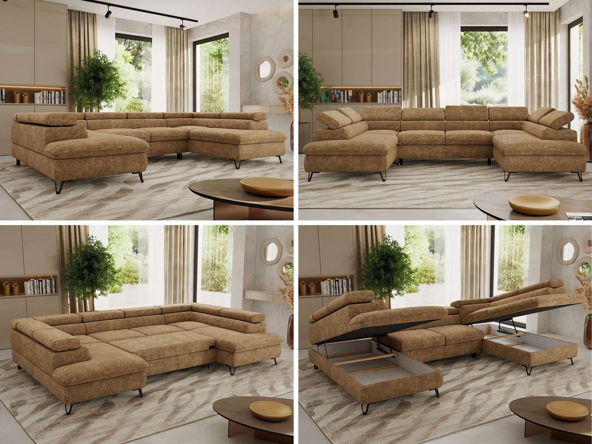 WOHNLANDSCHAFT PABLO U Schenille grob gewebt Hellbraun mit Topper Visco - Hellbraun/Schwarz, Textil/Metall (346/76/208cm) - MKS