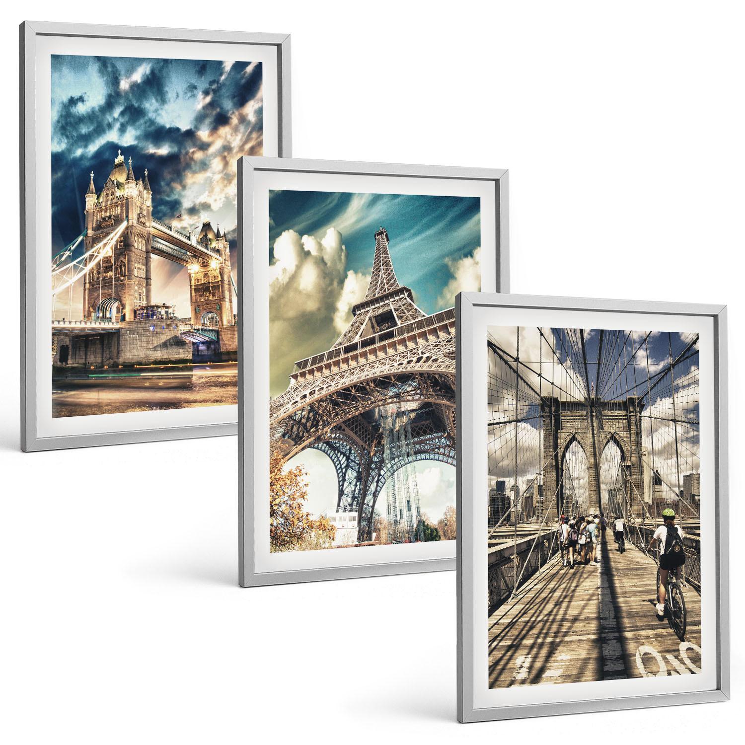 BILDER SET 3er Set - 40x60 cm Silberner Rahmen - Brücken, Türme, europäische Städte - Silberfarben, Kunststoff (40/60cm) - TULUP