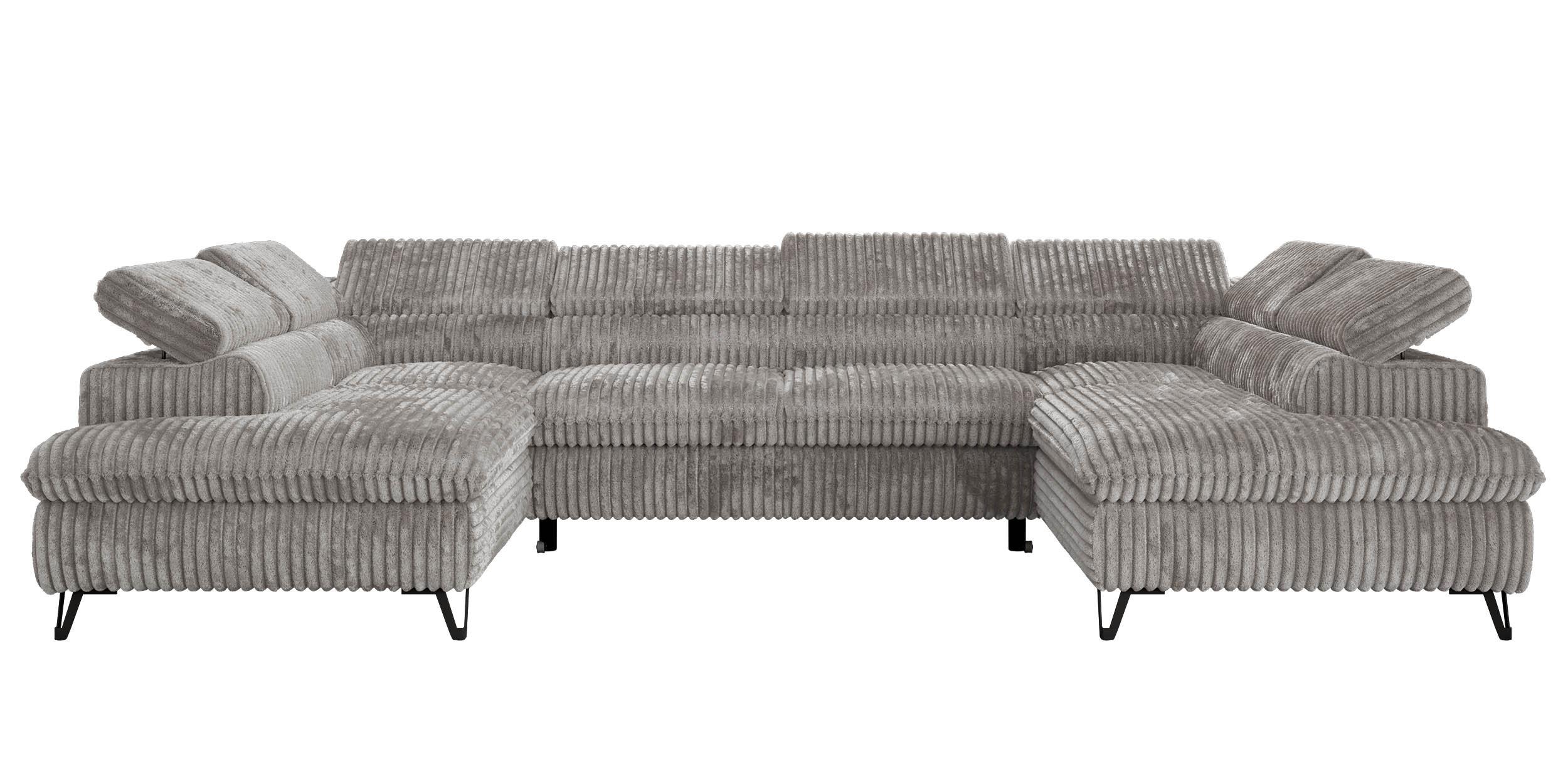 WOHNLANDSCHAFT PABLO U Cord Hellgrau mit Topper T25 - Hellgrau/Schwarz, Textil/Metall (346/76/208cm) - MKS