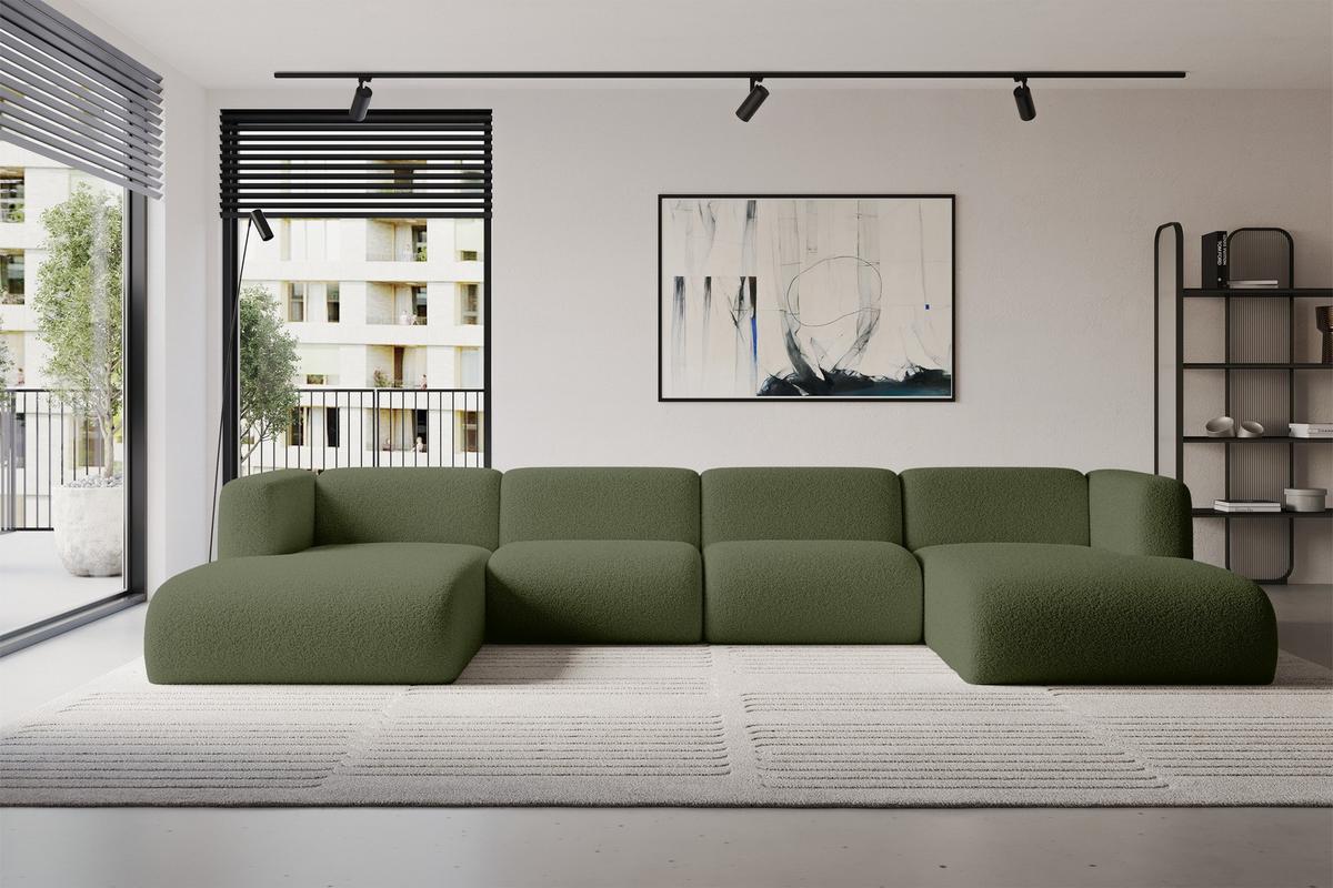 WOHNLANDSCHAFT MIRA-U2 408x179x70 Grün Bouclé - Schwarz/Olivgrün, Holzwerkstoff/Kunststoff (408/70/179cm) - ALTDECOR