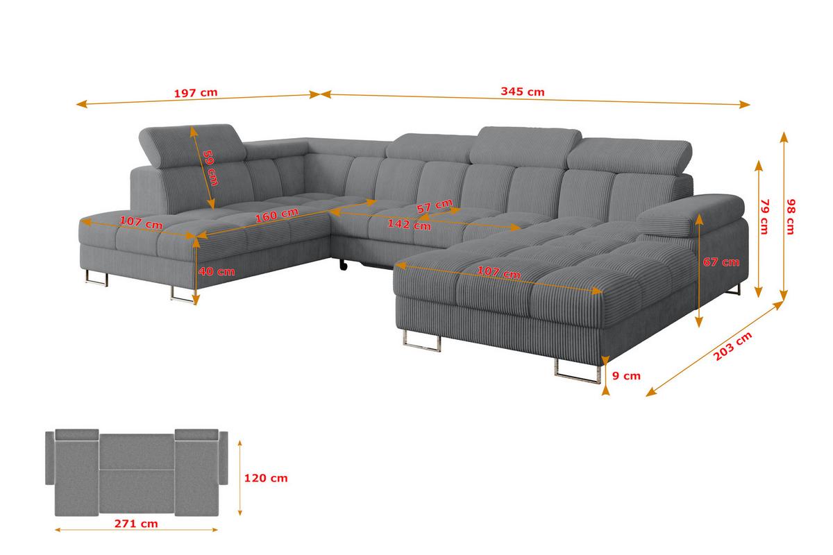 WOHNLANDSCHAFT mit Schlaffunktion und Bettkasten Ottomane Links COMA U 345x203x79 Dunkelgrau Cord - Graphitfarben, Holzwerkstoff/Textil (345/79/203cm) - ALTDECOR