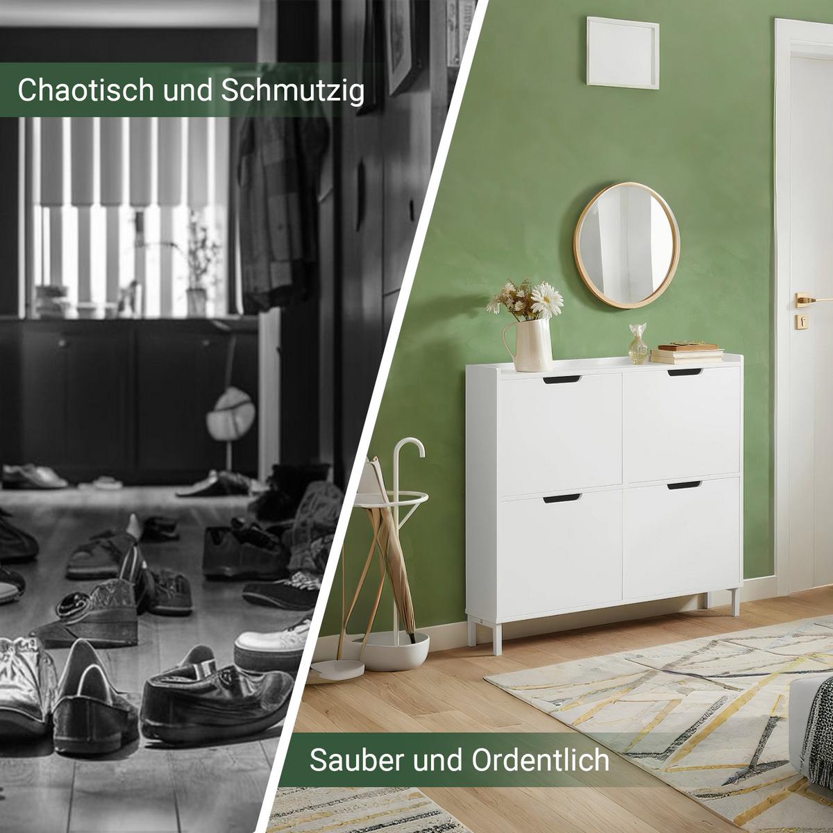 SCHUHKIPPER mit 4 Klappen, Schuhschrank schmal, 100x91x19cm Weiß - Weiß, Holzwerkstoff/Metall (100/91/19cm) - SoBuy