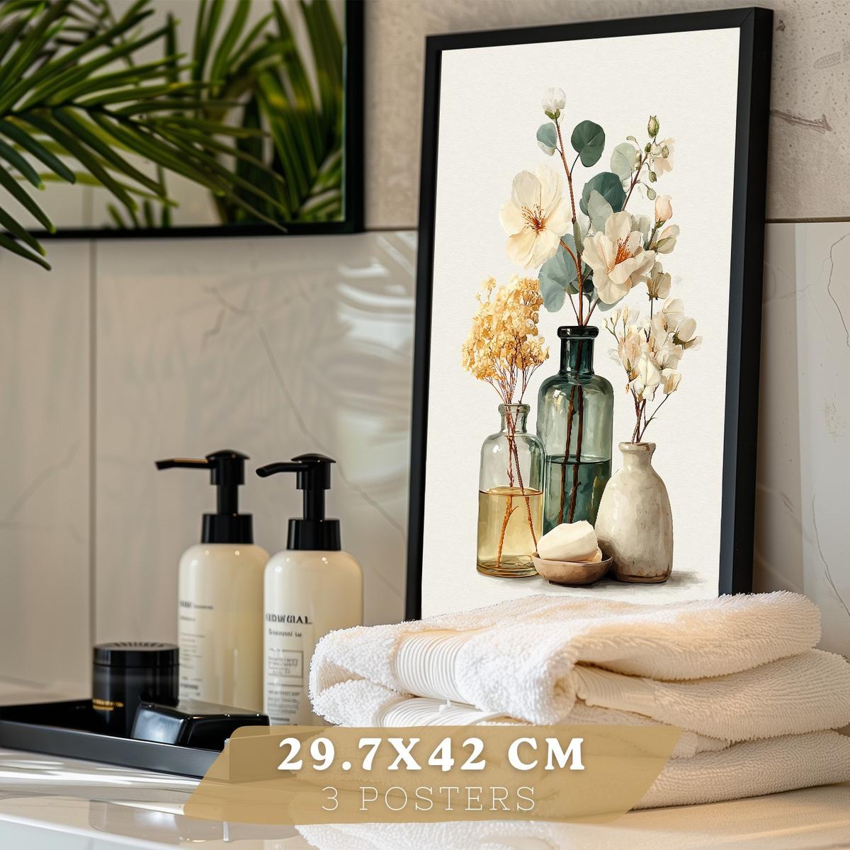 POSTER 3er-Set dekorative Badezimmerdrucke, natürlicher Spa-Stil, minimalistische Bilder mit Blumen Zen-Poster, Wohndekoration Schwarzer Rahmen A3 - Schwarz, Papier (42/29.7/3cm) - Nacnic