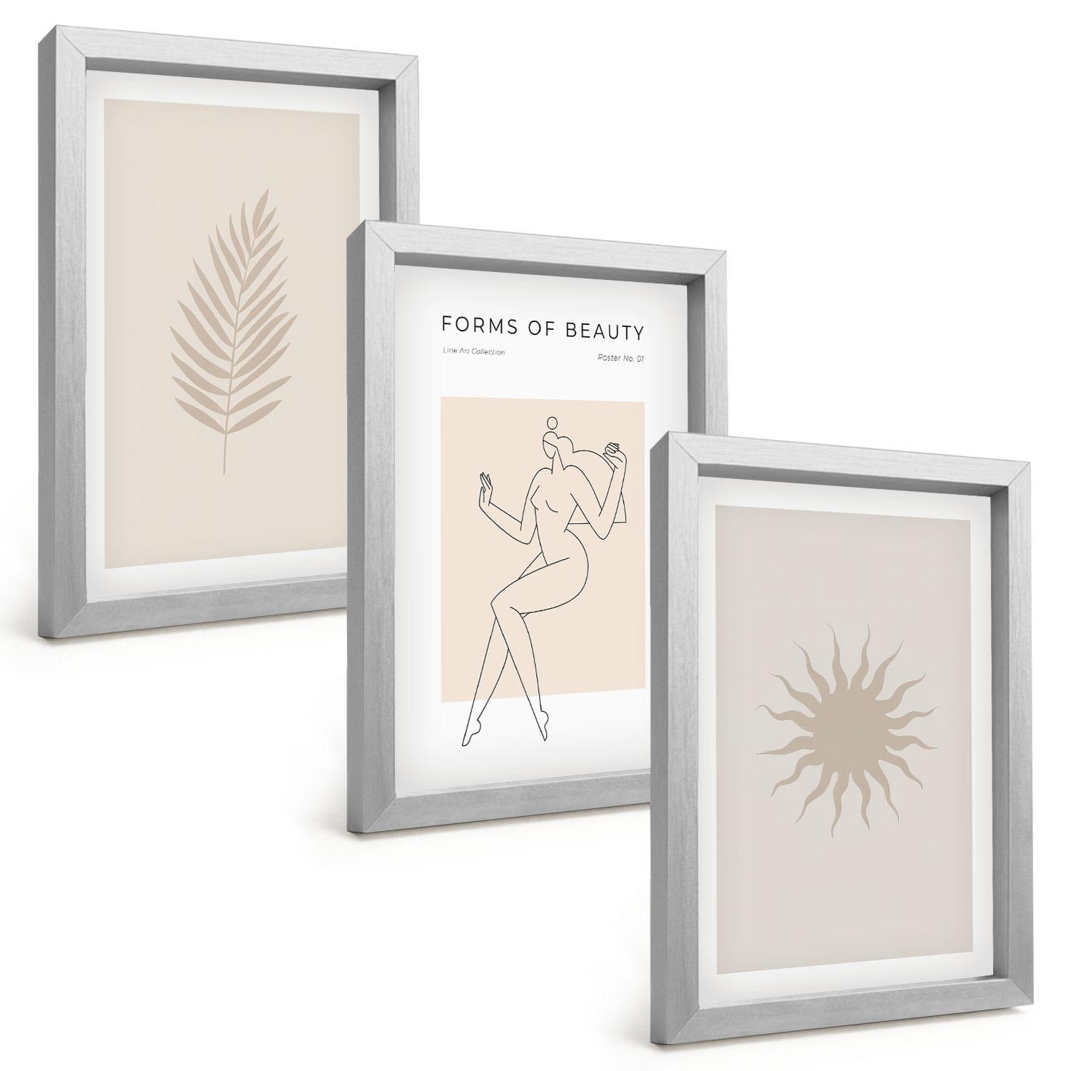 BILDER SET 3er Set - 20x30 cm Silberner Rahmen - Eine Sammlung minimalistischer Formen - Silberfarben, Kunststoff (20/30cm) - TULUP