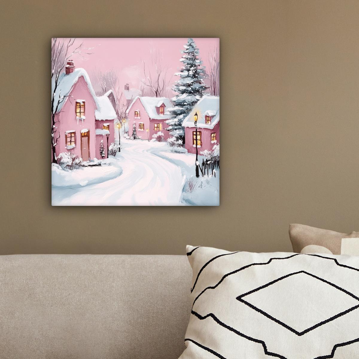 LEINWANDBILD Weihnachtsdorf - Rosa - Winter - Schnee - Häuser Deko Wohnzimmer 20x20 cm - Altrosa, Textil (20/20cm) - MuchoWow