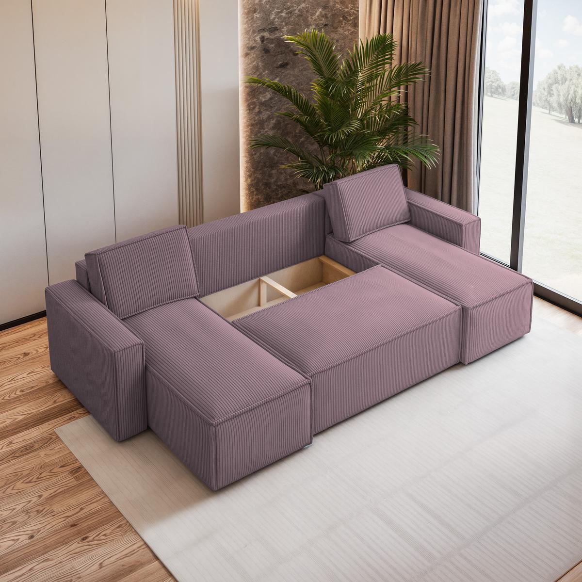 WOHNLANDSCHAFT PESANO P Lila Kordstoff mit Schlaffunktion - Lila/Grau, Holz/Kunststoff (306/85/140cm) - MASSENO
