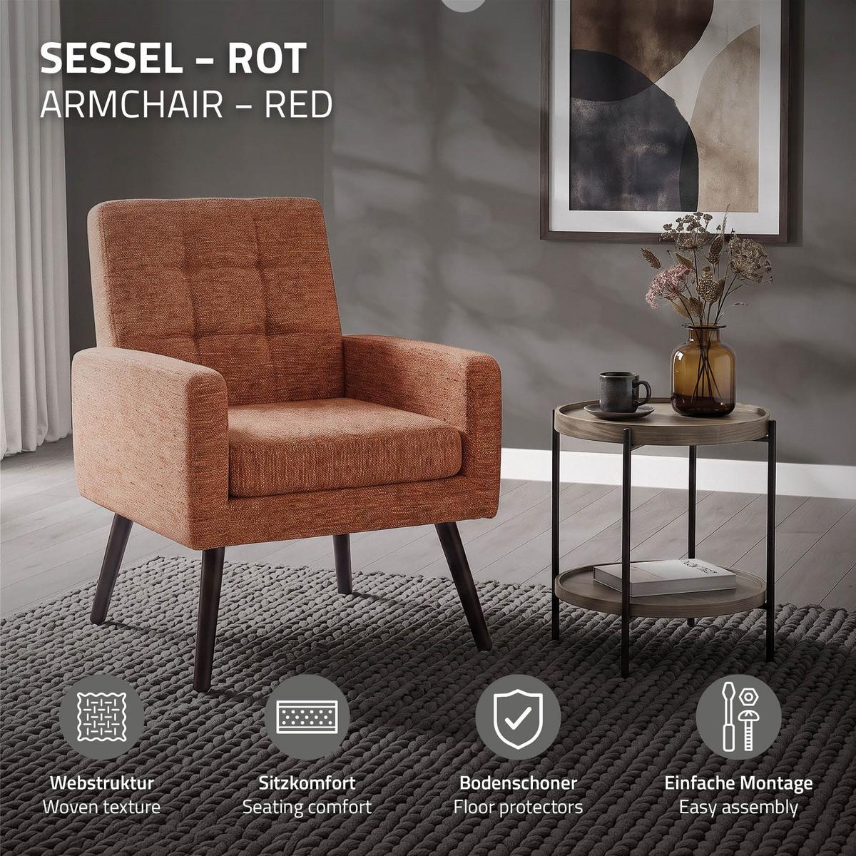 SESSEL mit Stahlbeinen und Webstruktur Relaxsessel 66,5x80x63,5 cm Rot - Rot/Schwarz, Textil/Metall (66.5/80/63.5cm) - ML-DESIGN