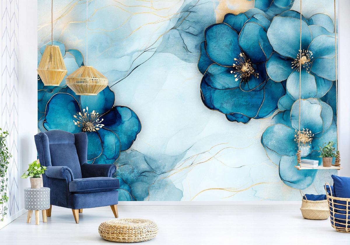 FOTOTAPETE Marmor Blumen Blau 416x254 cm - Multicolor, Papier (416/254cm) - Wallarena