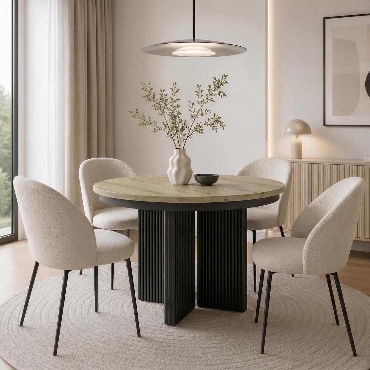 ESSTISCH Prestige runder Design-Tisch, ausziehbar Ø 100–180 cm, Eiche artisan+Schwarz - Eichefarben/Schwarz, Metall (100/100/77cm) - Beautysofa