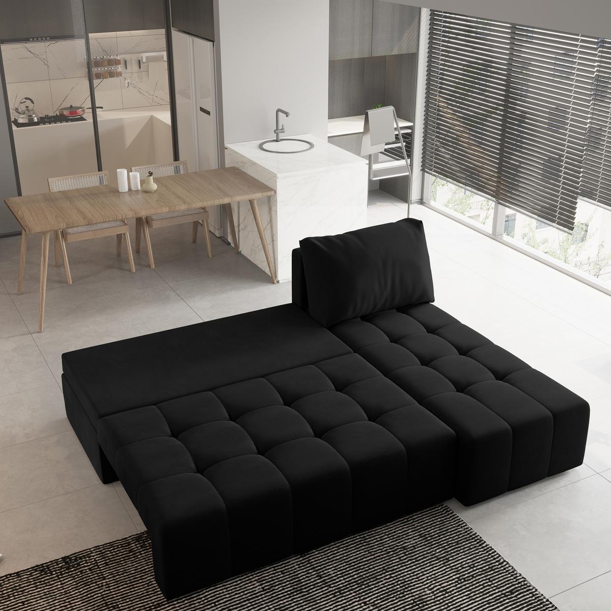 ECKSOFA DOMIRA Schwarz Plüsch-Stoff mit Schlaffunktion - Schwarz, Holz (200/141cm) - MASSENO