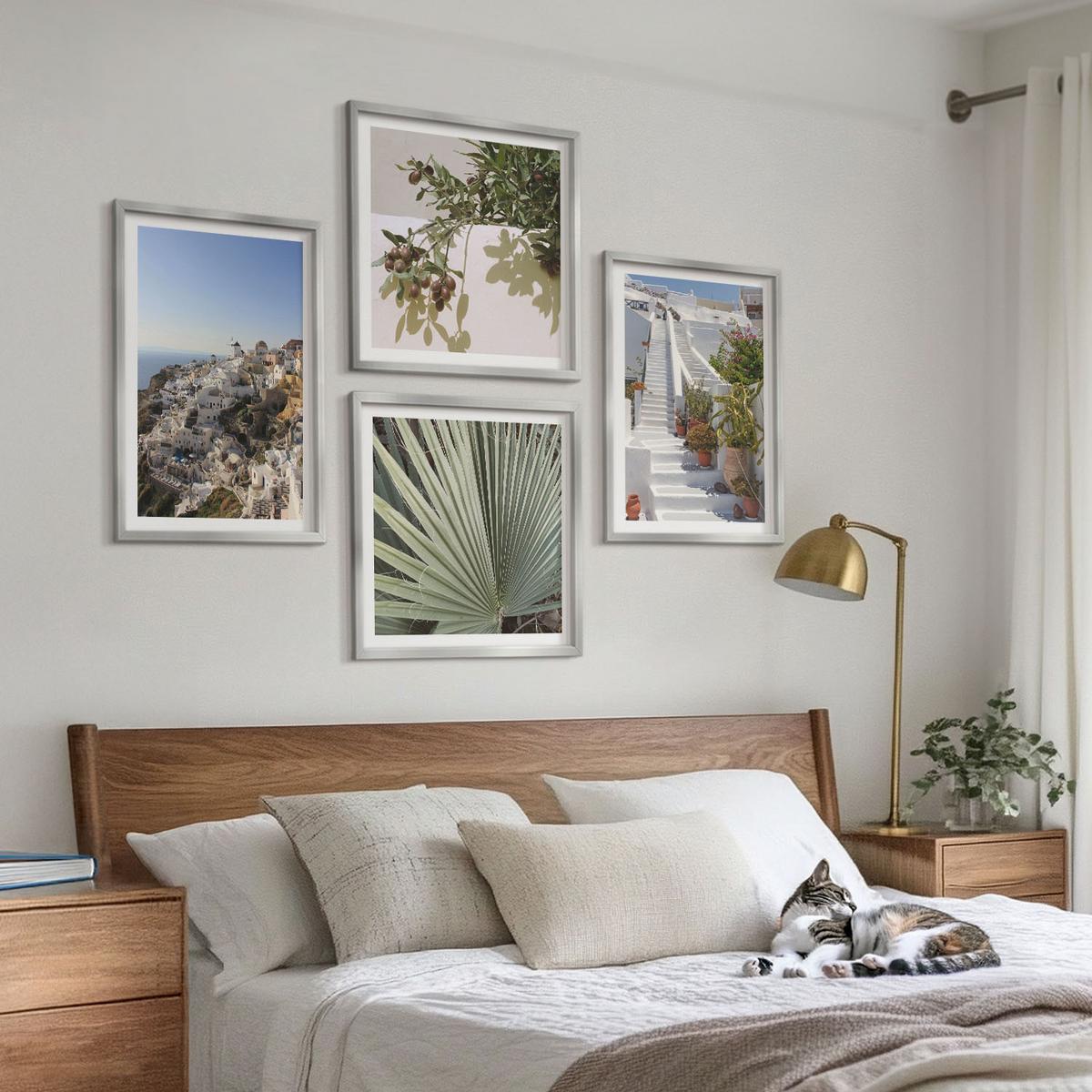 BILDER SET 4er Set - 50x50 cm & 40x60 cm Silberner Rahmen - Weiße Treppe mit Blick auf Santorini - Silberfarben, Kunststoff (50/50cm) - TULUP