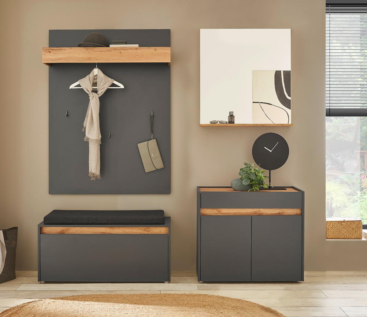 FLURKOMMODE grau matt, Eiche Wotan 80 cm, Schuhschrank mit Schubkästen - Eiche Wotan/Silberfarben, Holzwerkstoff/Kunststoff (80/70/40cm) - Furn.Design