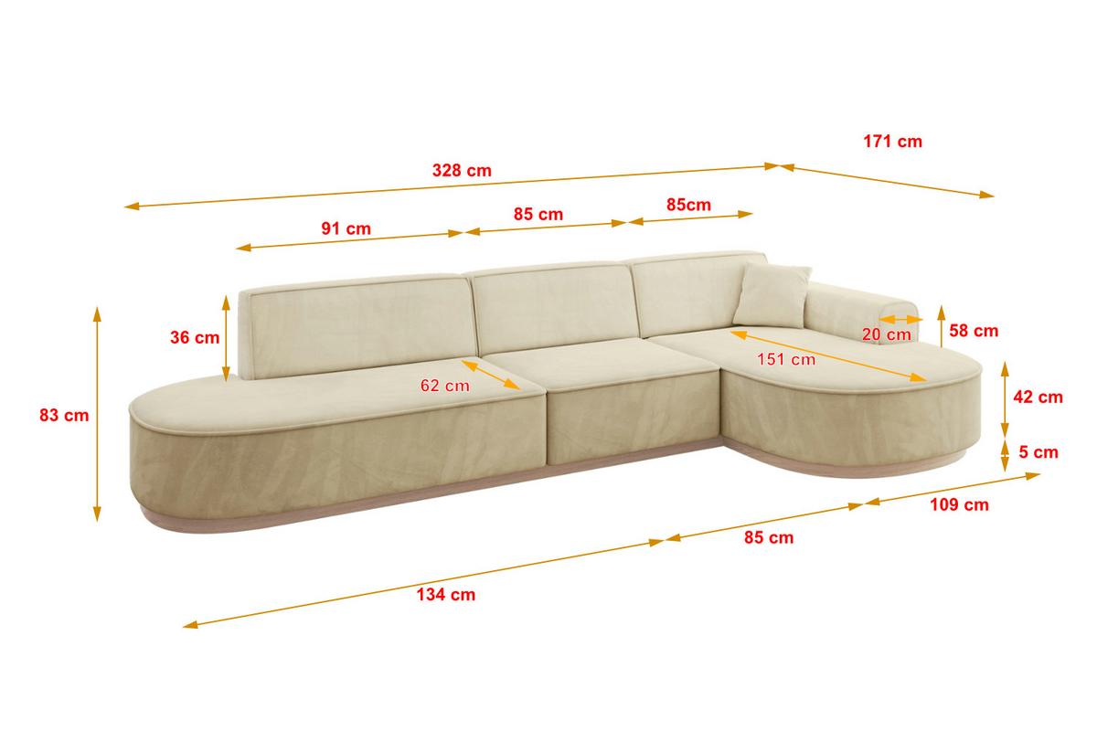 ECKSOFA Ottomane Rechts MARI-L2-v1 - 328x171x83 cm Beige Velours - Beige, Holzwerkstoff/Textil (171/328cm) - ALTDECOR