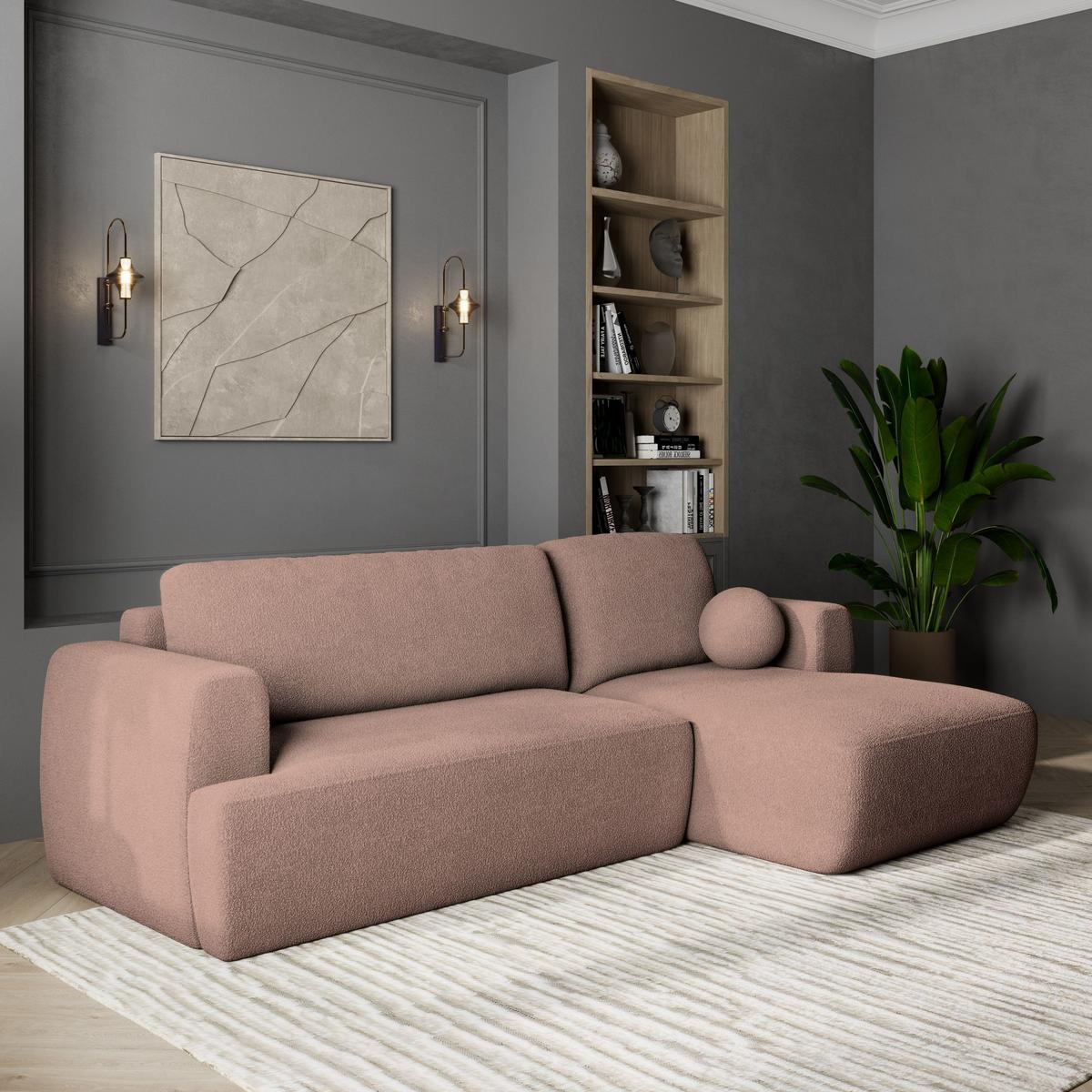 ECKSOFA SENTI N R-S Rosa Boucle-Stoff mit Schlaffunktion - Schwarz/Rosa, Holz/Kunststoff (246/148cm) - MASSENO