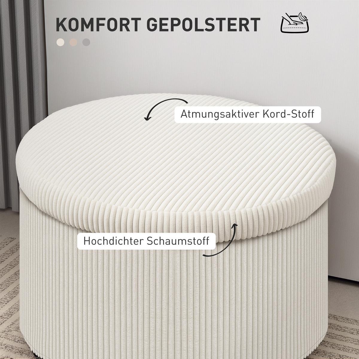 SITZHOCKER mit Stauraum Hocker mit Deckel, Runder Polsterhocker für Wohnzimmer - Beige, Holzwerkstoff (60/41/60cm) - HOMCOM