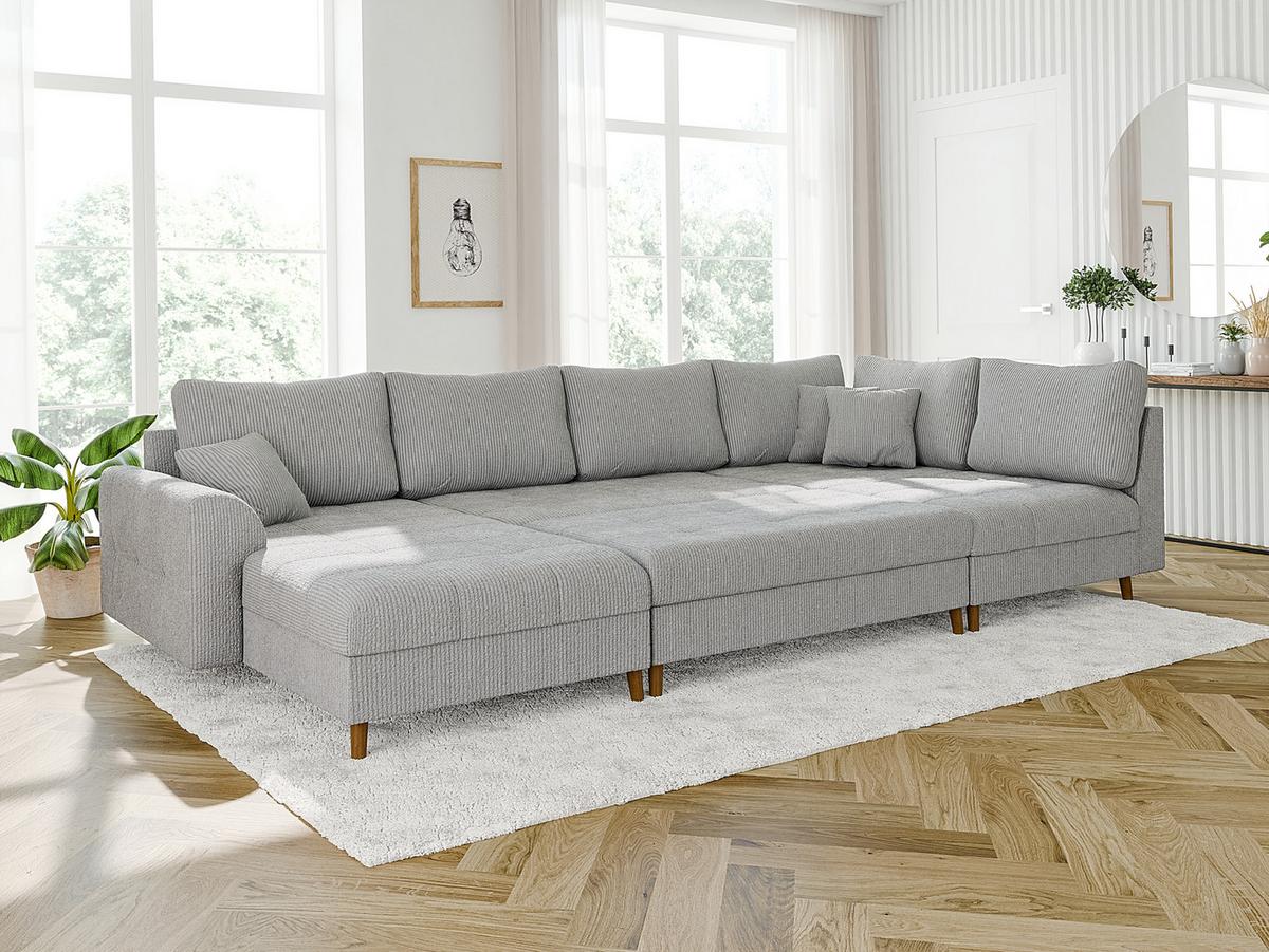 WOHNLANDSCHAFT inkl. Hocker Alma Hellgrau Cord - Hellgrau/Braun, Holz/Textil (310/81/161cm) - S-Style Möbel