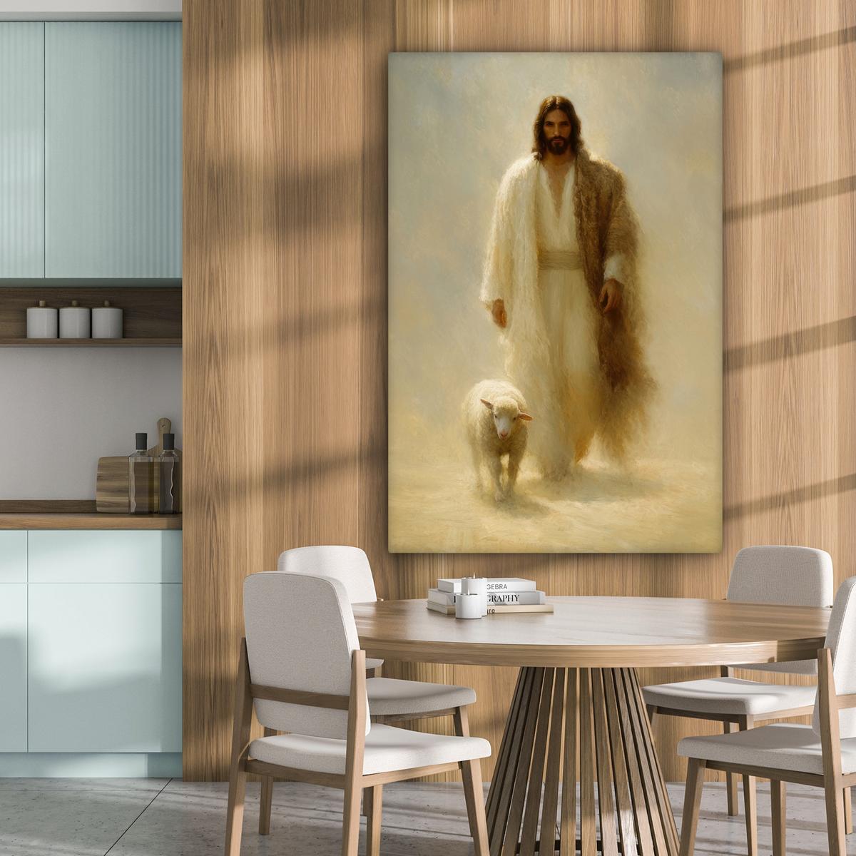 LEINWANDBILD Schaf - Jesus - Pinselstriche - Abstrakt Deko Groß 90x140 cm - Sandfarben, Textil (90/140cm) - MuchoWow