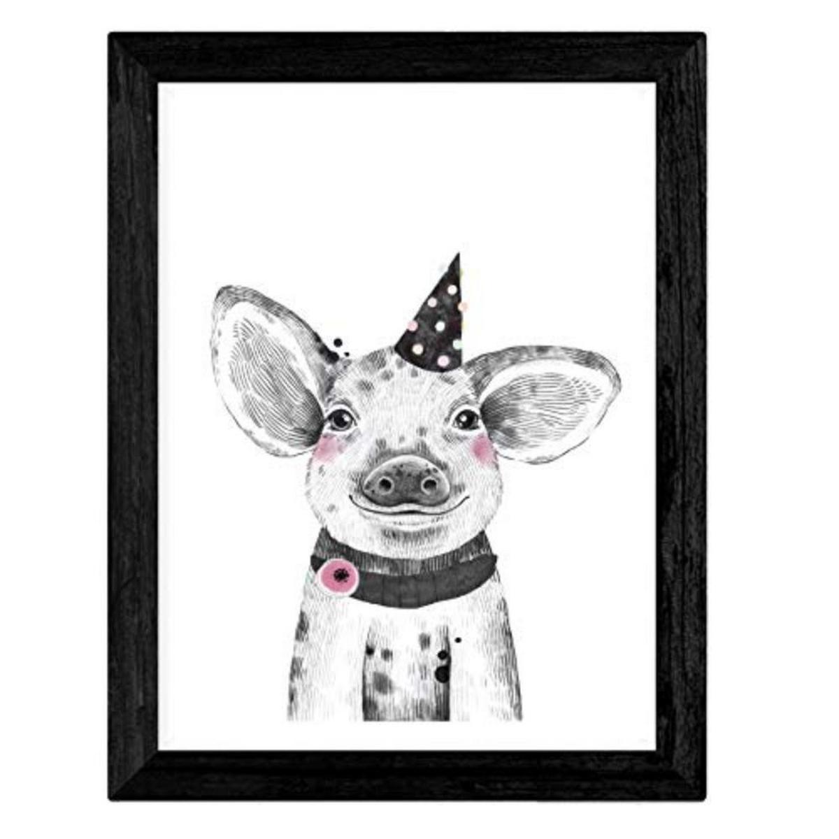 POSTER Set mit 4 „Tiere mit Hüten und Schale“ A4 Schwarzer Rahmen - Schwarz, Papier (29.7/3cm) - Nacnic
