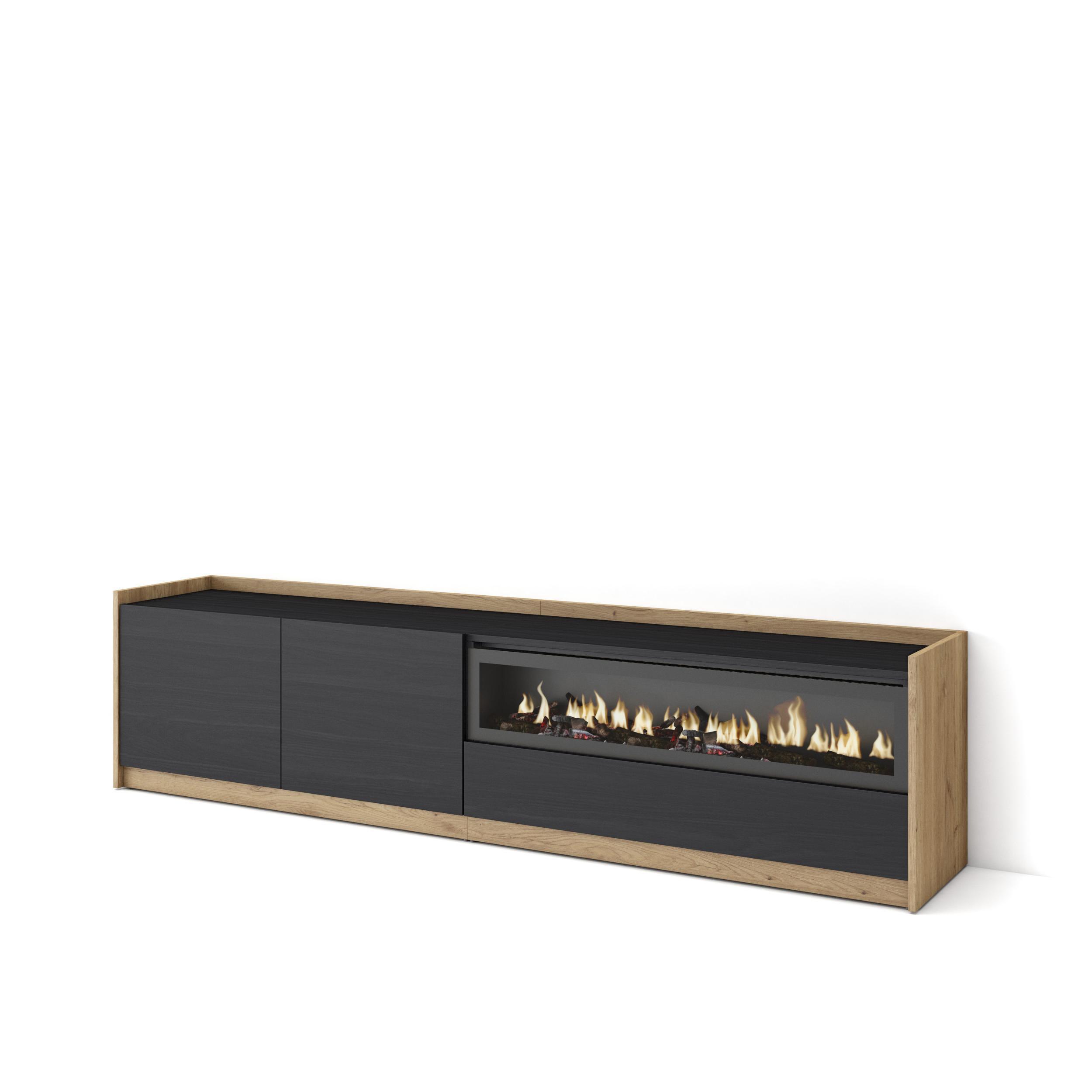 LOWBOARD, Schwarz Eiche, Elektrokamin, 207/37/50cm - Schwarz, Holzwerkstoff (207/50/37cm) - Skraut Home