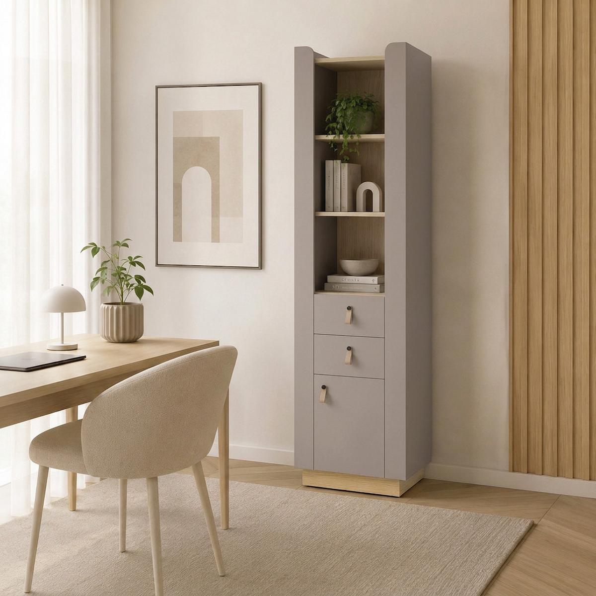 BÜCHERREGAL Sorella mit 1 Tür, 2 Schubladen und offenen Regalböden, Porcini + Eiche Mavelie - Eichefarben/Cappuccino, Leder/Holzwerkstoff (55/201/52cm) - Beautysofa