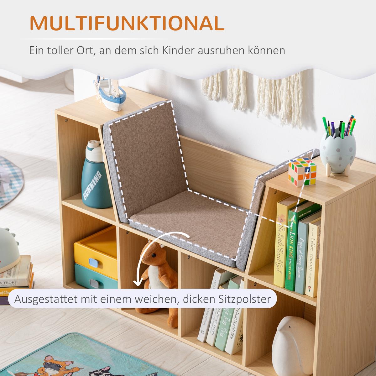 KINDERREGAL 2-in-1 Eckregal mit 6 Fächern Kindersitzbank mit Kissen Grau - Hellbraun/Naturfarben, Holzwerkstoff/Textil (30/62/103cm) - HOMCOM