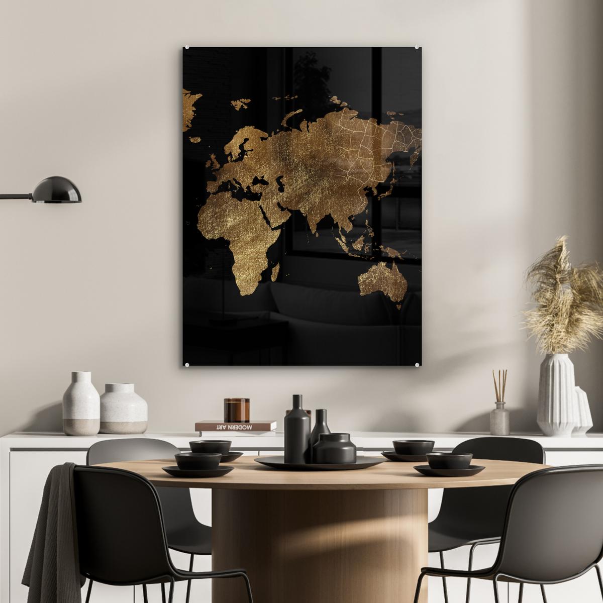 ACRYLGLASBILD Weltkarte - Gold - Luxus - Erde - Schwarz 60x80 cm - Goldfarben, Glas (60/80cm) - MuchoWow