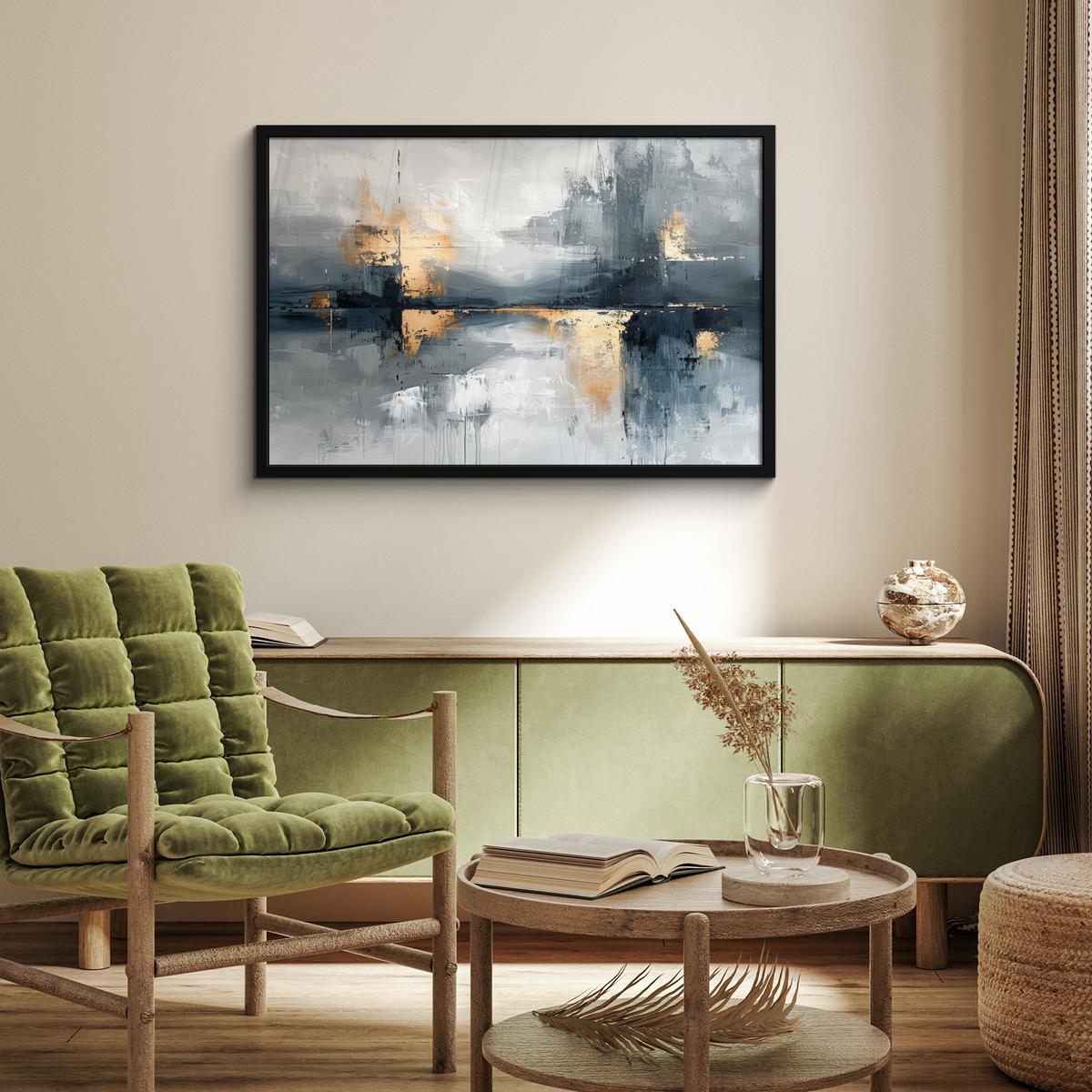 POSTER MIT RAHMENGERAHMTES BILD Kunst - Grau - Gold - Abstrakt 90x60 cm - Dunkelgrau, Papier (90/60cm) - MuchoWow