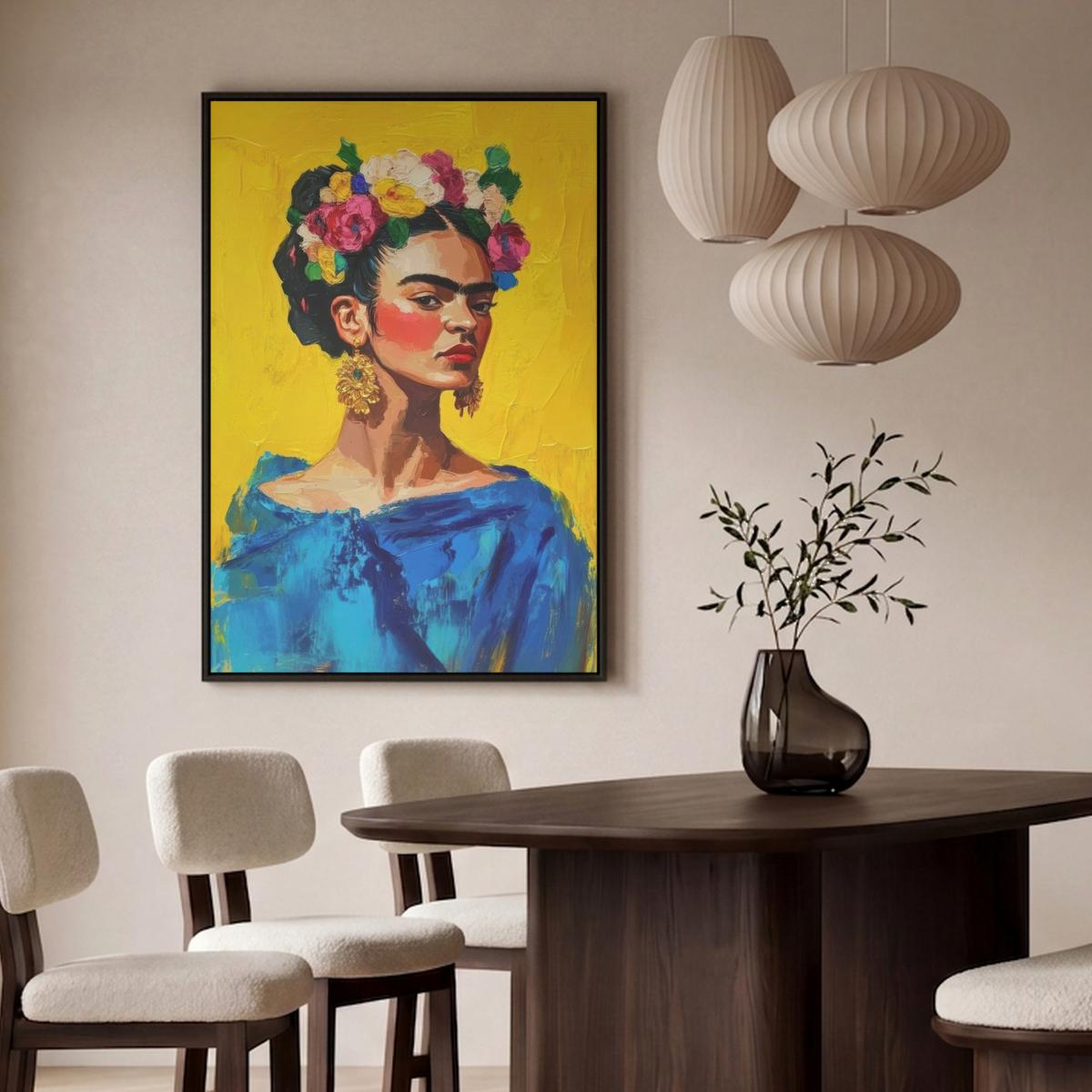 LEINWAND Bilder mit Rahmen - Frida Kahlo - Frau - Gelb - Blau - Blumen - 90x140 - Gelb, Textil (90/140cm) - MuchoWow