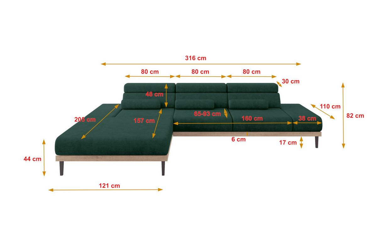 ELEKTRISCHES ECKSOFA Links MONA 316x205x85 Grün Velours - Dunkelgrün/Grün, Holzwerkstoff/Textil (316/205cm) - ALTDECOR