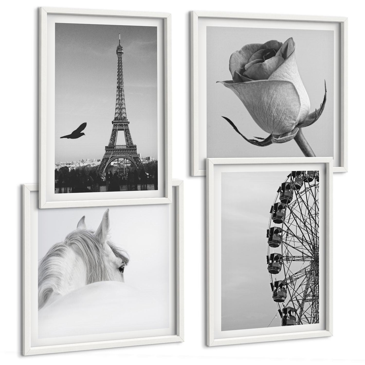 BILDER SET 4er Set - 50x50 cm & 40x60 cm Weißer Rahmen - Rose Eiffelturm Pferd Riesenrad S/W - Weiß, Kunststoff (50/50cm) - TULUP