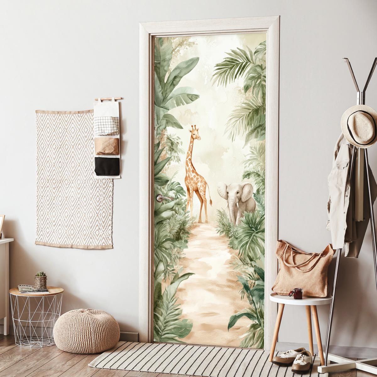 TÜRAUFKLEBER Dschungel - Giraffe - Elefant - Grün - Natur 90x235 cm - Türtapete - Eukalyptusholzfarben, Kunststoff (90/0.1cm) - MuchoWow