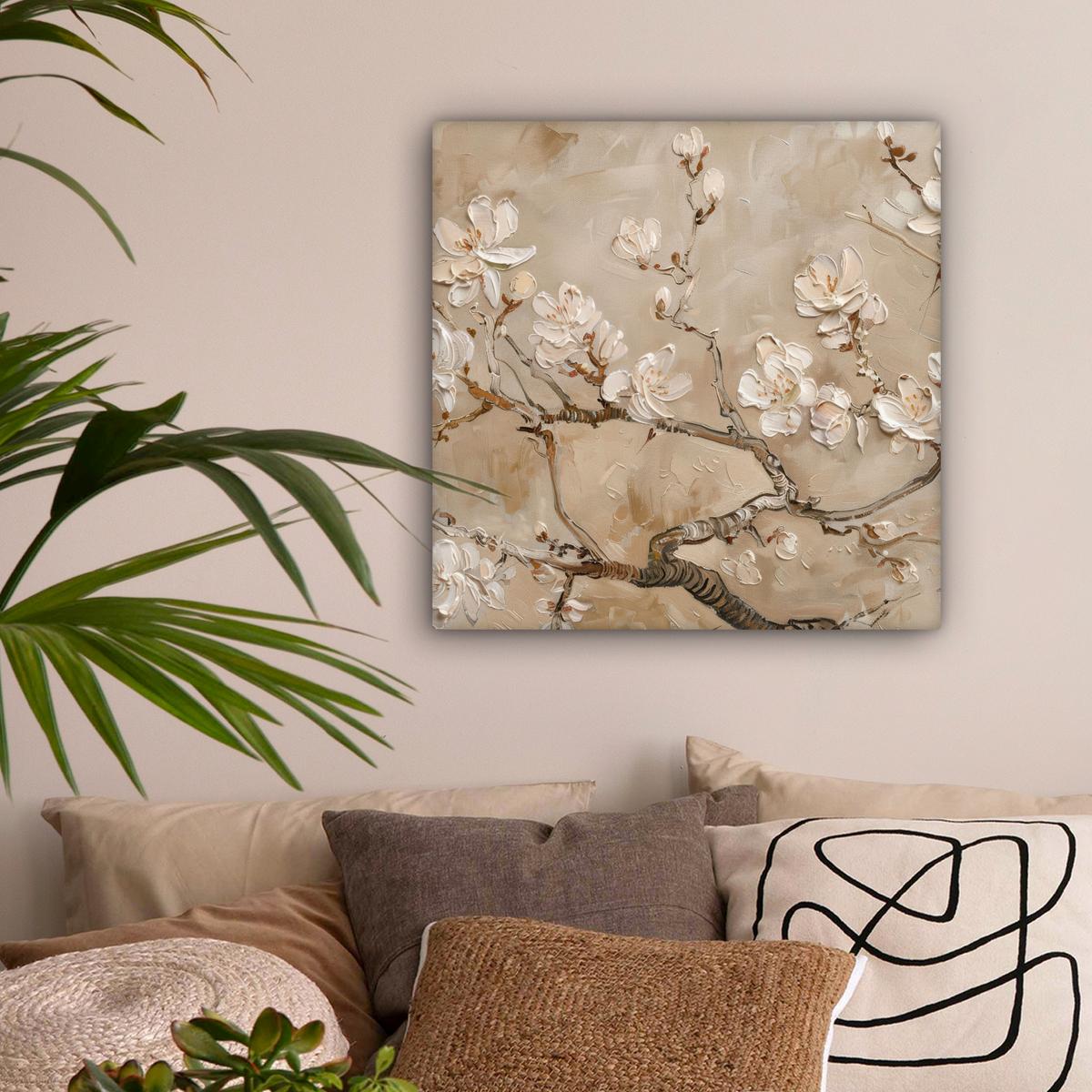 LEINWANDBILD Blumen - Modern - Beige - Weiß - Blüte Wandbild Wohnzimmer 50x50 cm - Beige, Textil (50/50cm) - MuchoWow