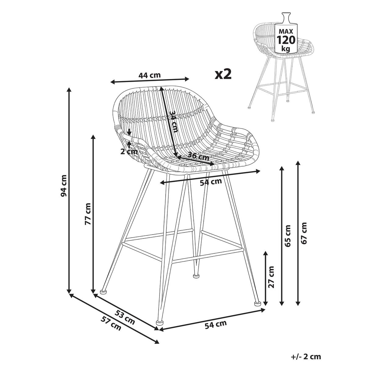 BARSTUHL 2er-Set Rattan Naturfarben Terrell - Naturfarben, Naturmaterialien (54/94/57cm) - Beliani