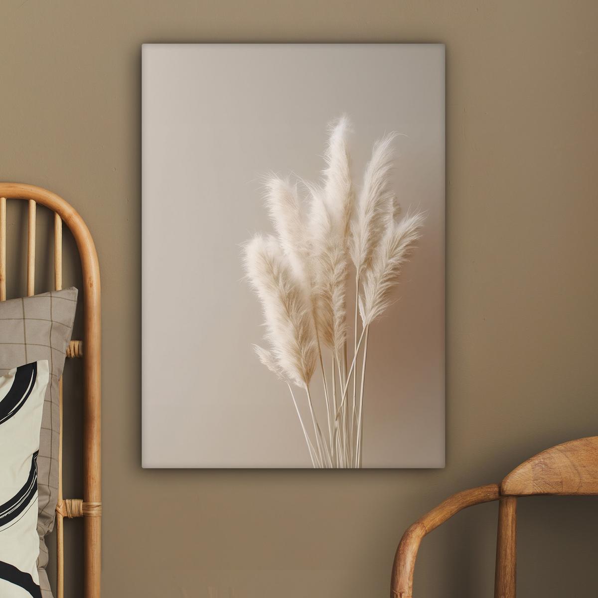 LEINWANDBILD Pampasgras - Federn - Pastell - Weiß Wandbild Wohnzimmer 60x80 cm - Naturfarben, Textil (60/80cm) - MuchoWow