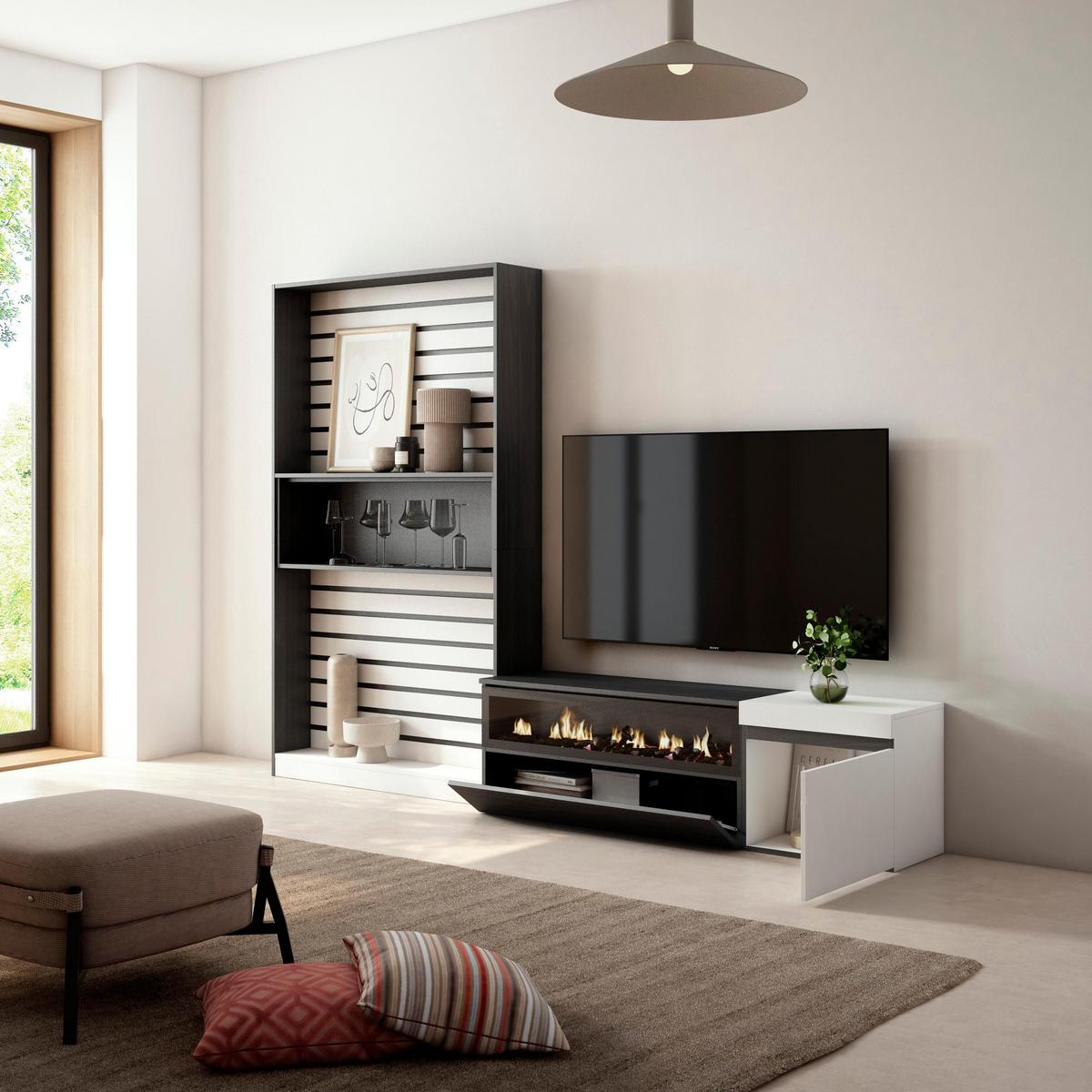 WOHNWAND Elektrokamin, weiß, schwarz, 260/35/186cm - Schwarz/Weiß, Holzwerkstoff (260/186/35cm) - Skraut Home