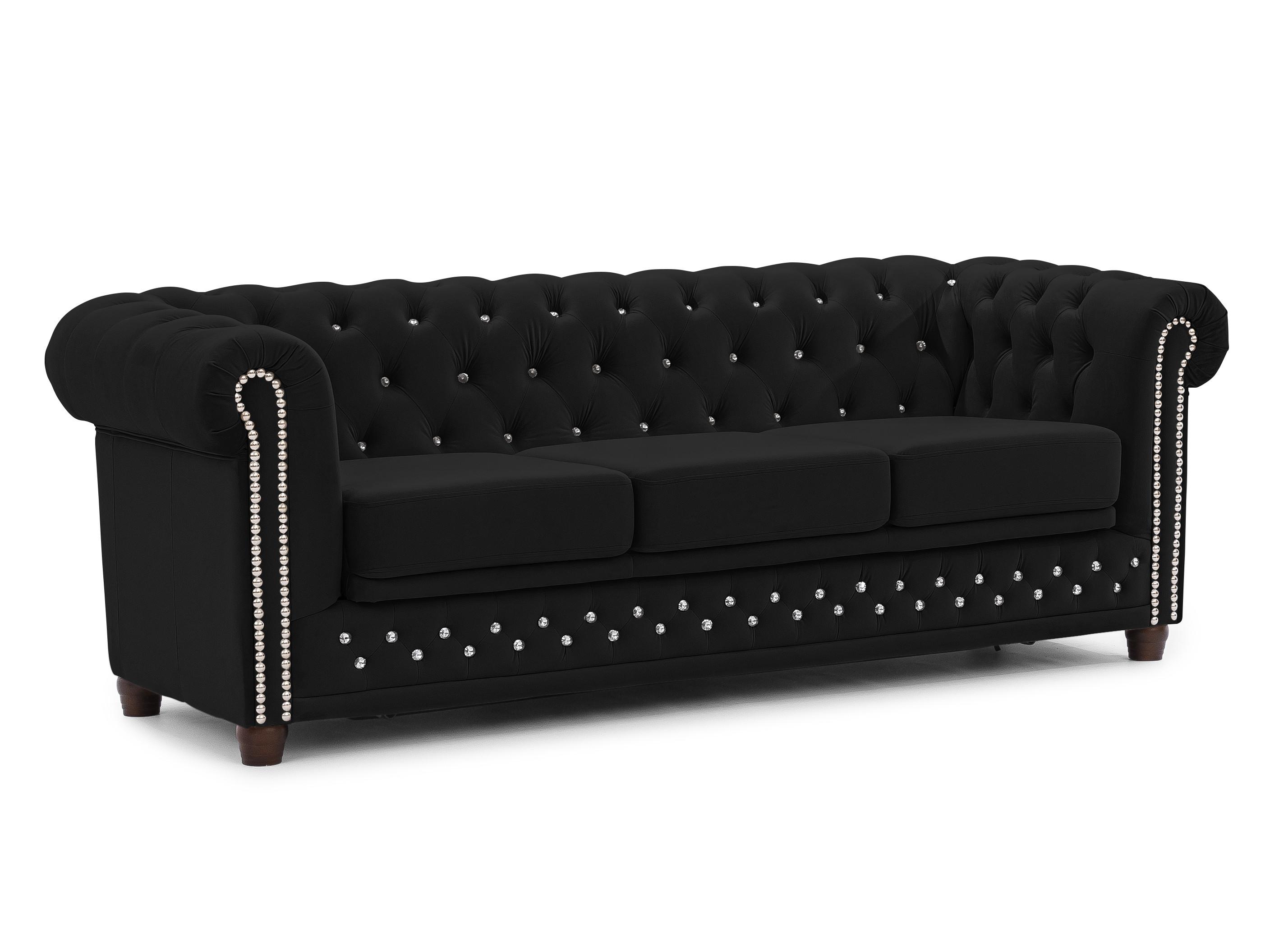 CHESTERFIELD-SOFA 3-Sitzer mit Schlaffunktion Cleo Blink Schwarz Samt mit Kristallsteppung und braunen Massivholzfüßen - Schwarz/Braun, Holz/Textil (203/72/86cm) - S-Style
