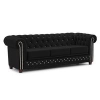 CHESTERFIELD-SOFA 3-Sitzer mit Schlaffunktion Cleo Blink Schwarz Samt mit Kristallsteppung und braunen Massivholzfüßen - Schwarz/Braun, Holz/Textil (203/72/86cm) - S-Style