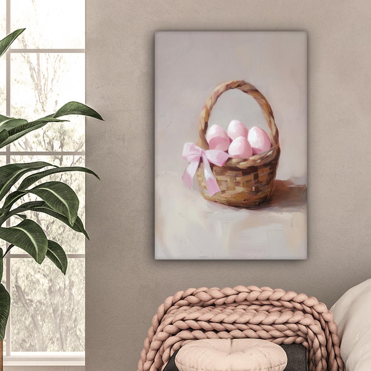LEINWANDBILD Korb - Eier - Rosa Wanddeko Schlafzimmer 60x90 cm - Beige, Textil (60/90cm) - MuchoWow