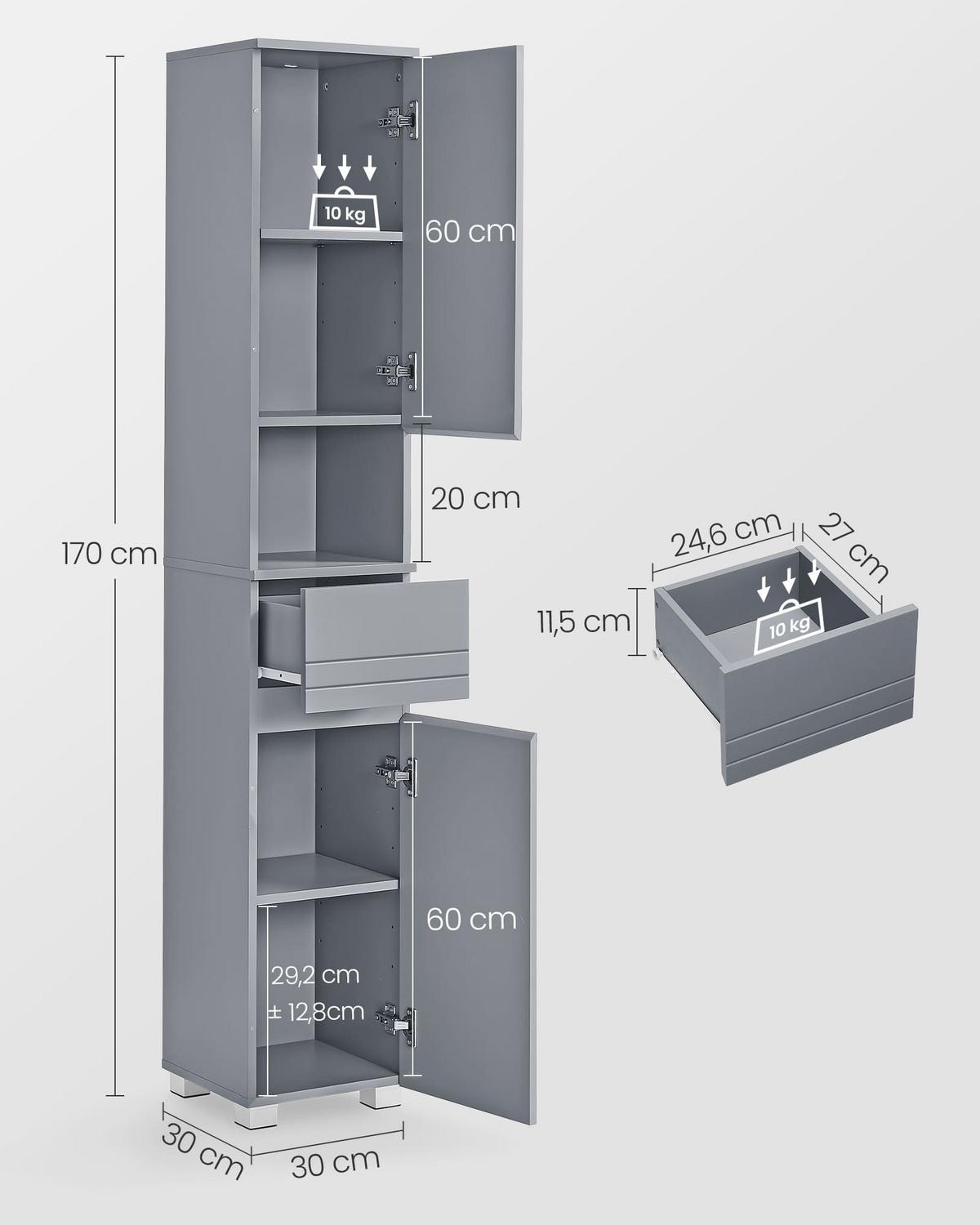 BADEZIMMERSÄULE 2 Türen, 1 Schublade und 1 Nische - 30/30/170 cm - Hellgrau, Holzwerkstoff (30/170/19cm) - Calicosy