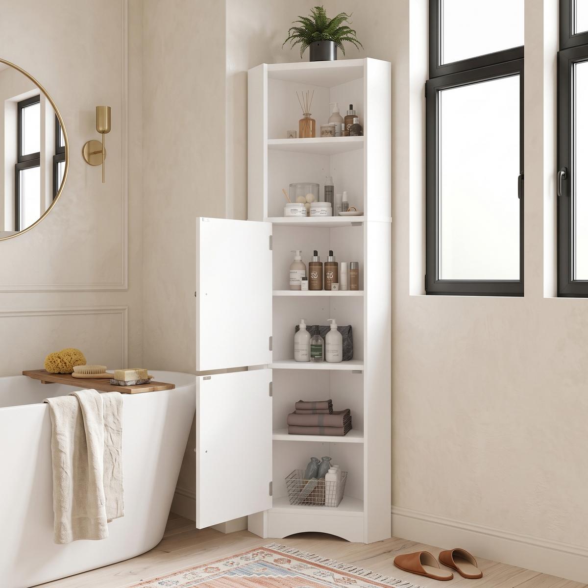 BADEZIMMER ECKSCHRANK Weiß 155cm mit 2 Türen & Offenen Ablagen - Weiß, Holzwerkstoff (51.7/155.4/32cm) - Urban Meuble