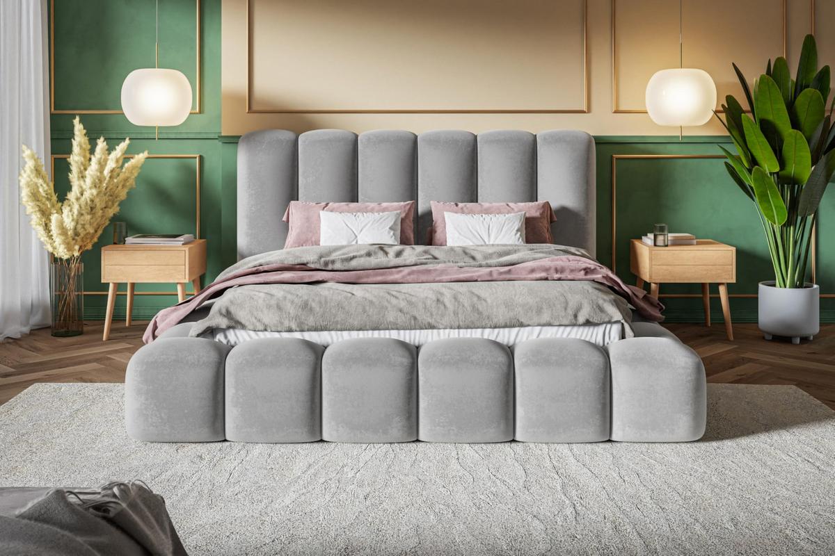 BETT 180x200 - Polsterbett mit Bettkasten und Metallrahmen - Modern Bett - Eleganter Jasmine-Stoff - Kollektion Nora Maxi - Grau - Grau, Holz/Textil (180/200cm) - Alpi-Möbel