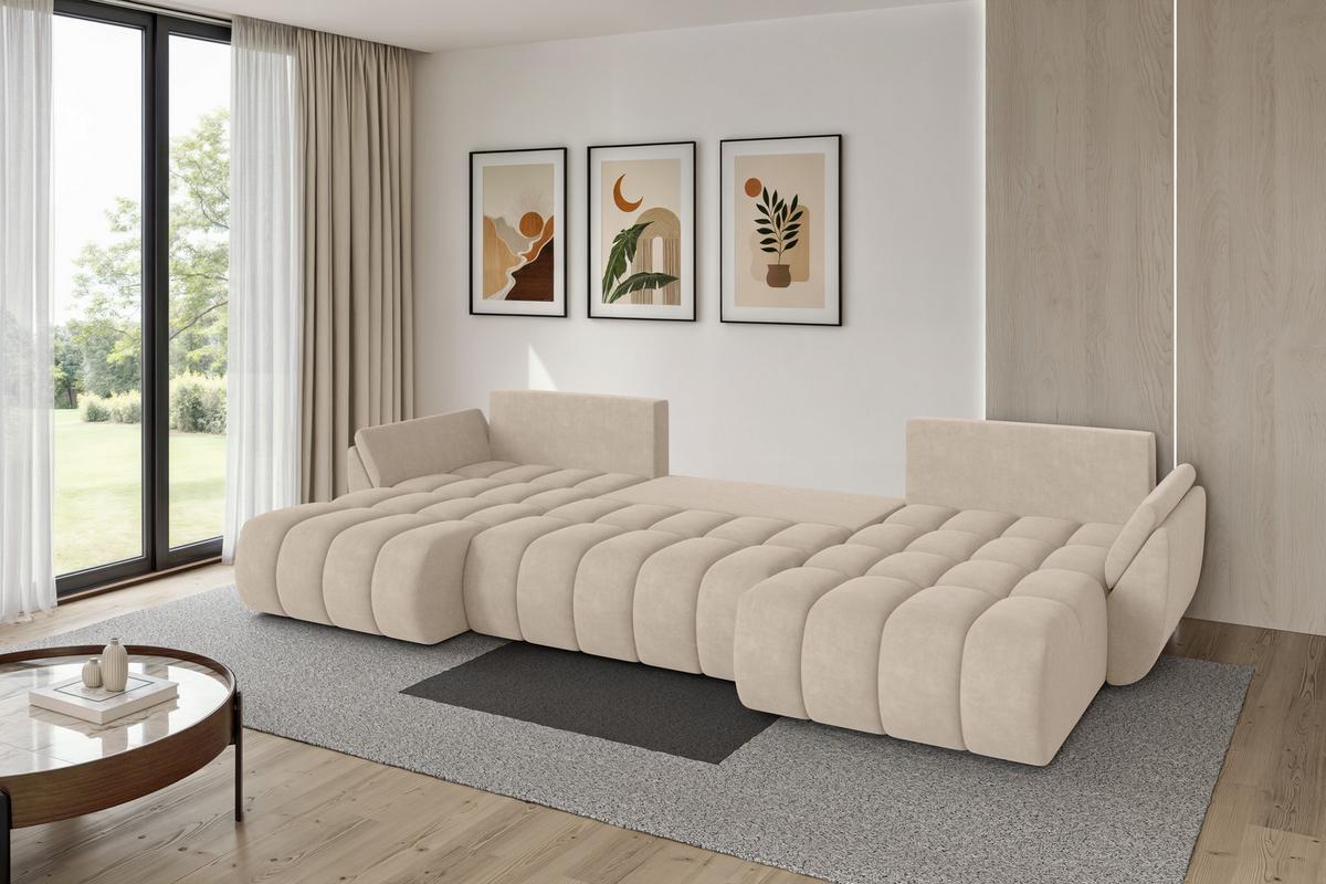 WOHNLANDSCHAFT mit Schlaffunktion und Bettkasten TOKO-U-v1 378x194x86 Beige Velours - Schwarz/Sahara, Holzwerkstoff/Kunststoff (378/86/194cm) - ALTDECOR