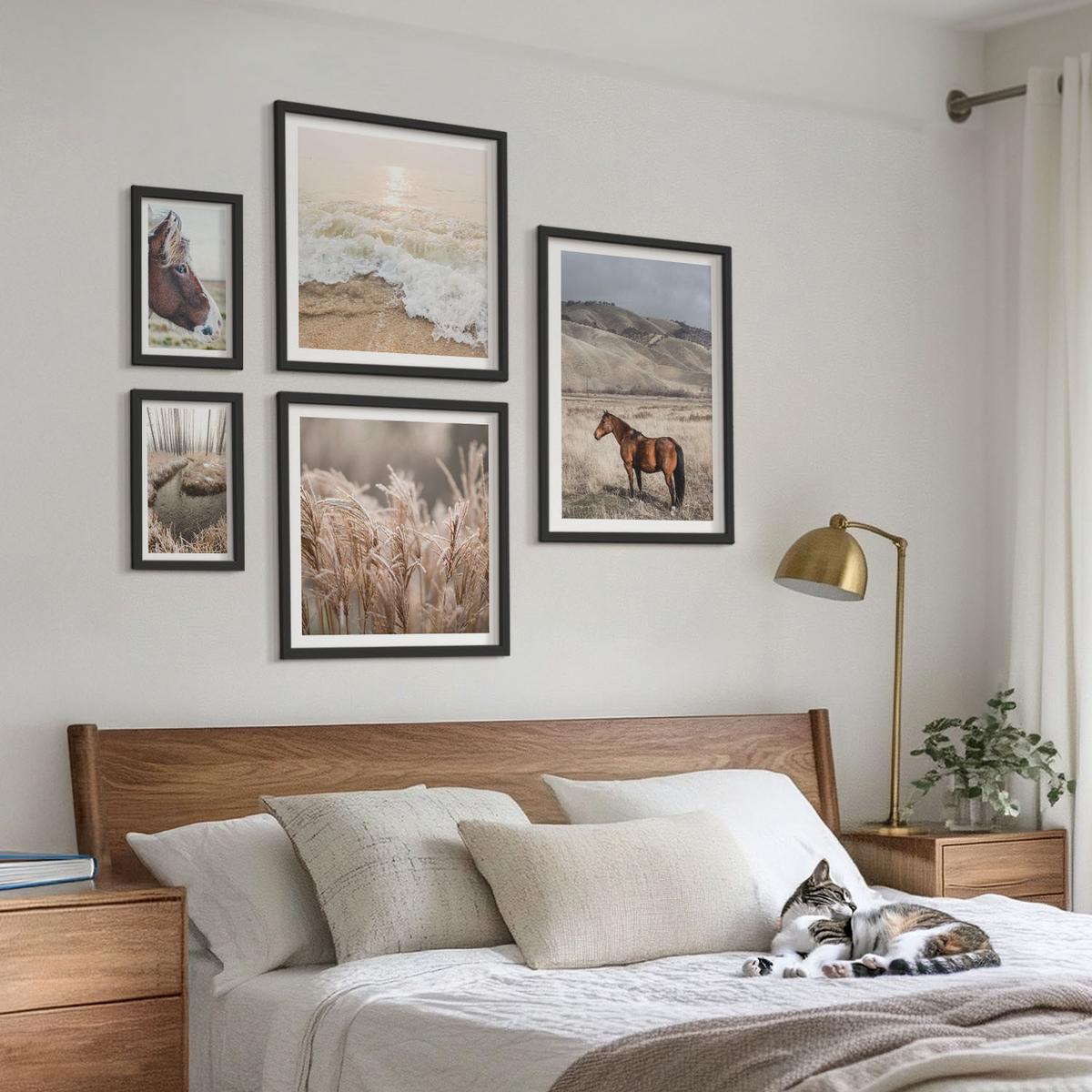 BILDER SET 5er Set - 50x50 cm & 20x30 cm & 40x60 cm Schwarzer Rahmen - Pferdelandschaft Seegraswald - Schwarz, Kunststoff (40/60cm) - TULUP