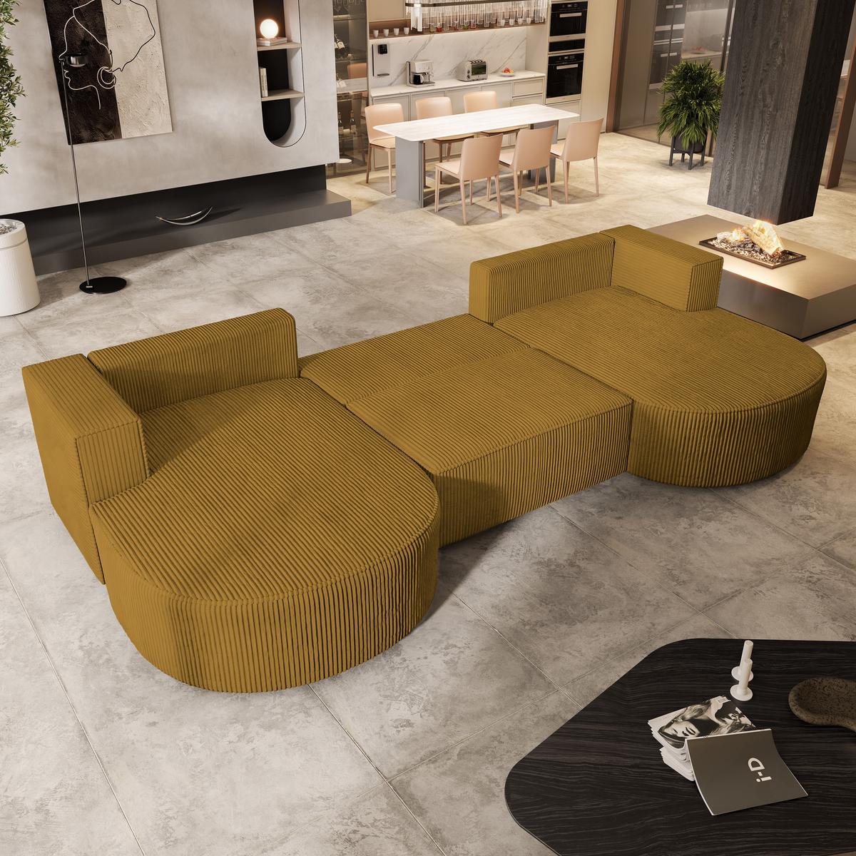 WOHNLANDSCHAFT VEZZO P Gelb Kordstoff mit Schlaffunktion - Gelb/Grau, Holz/Kunststoff (347/85/174cm) - MASSENO